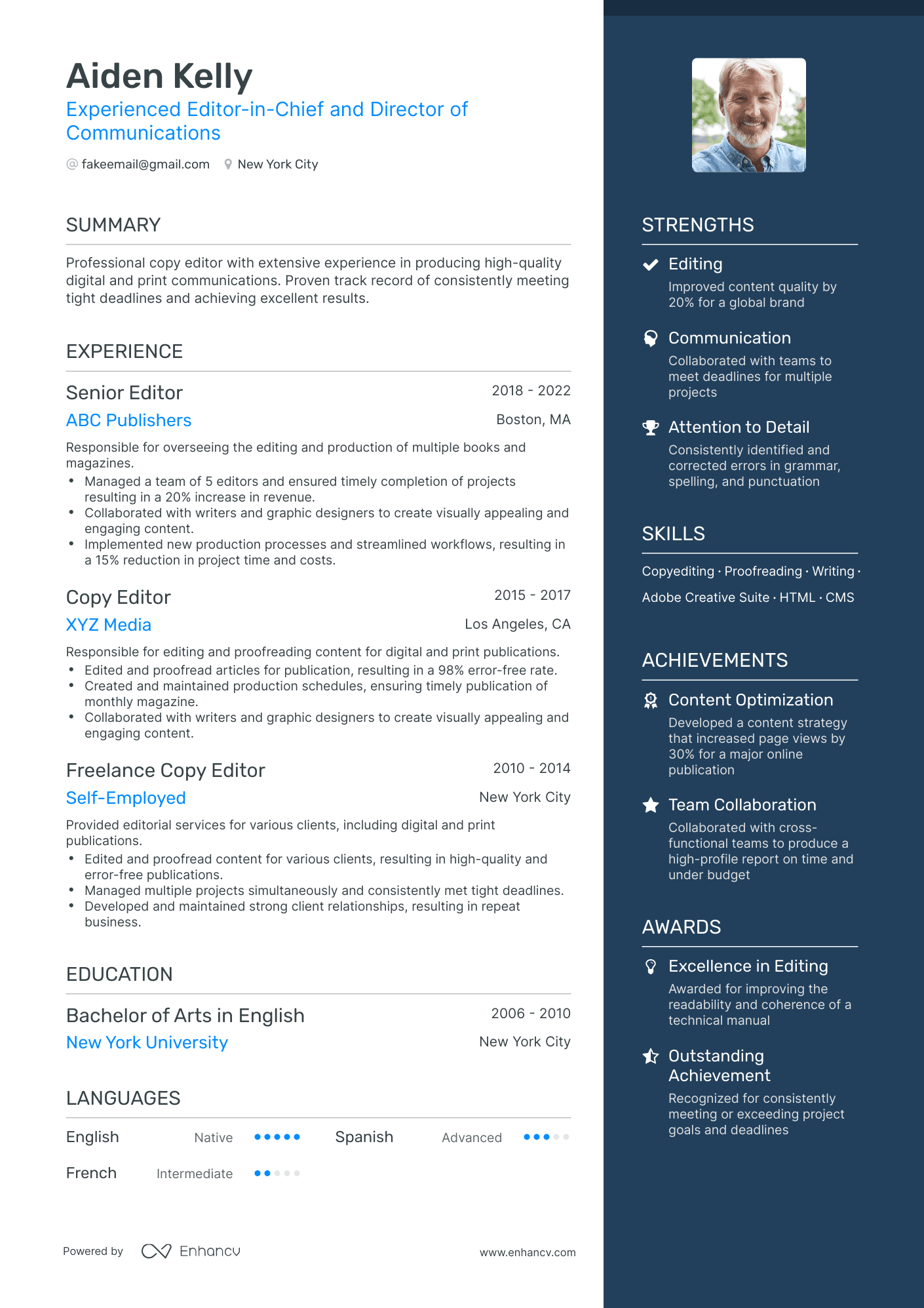 A resume example of a Freelance Copy Editor