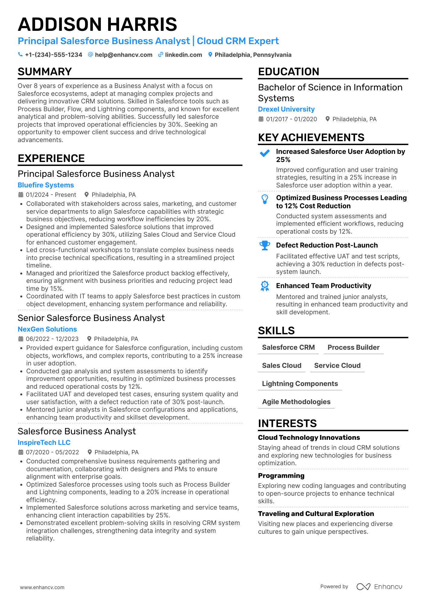 A resume example of a Principal Salesforce Business Analyst