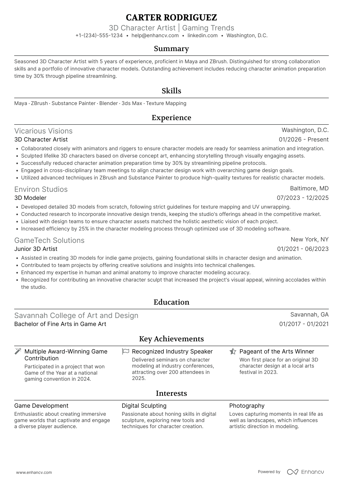 A resume example of a 3D Character Artist