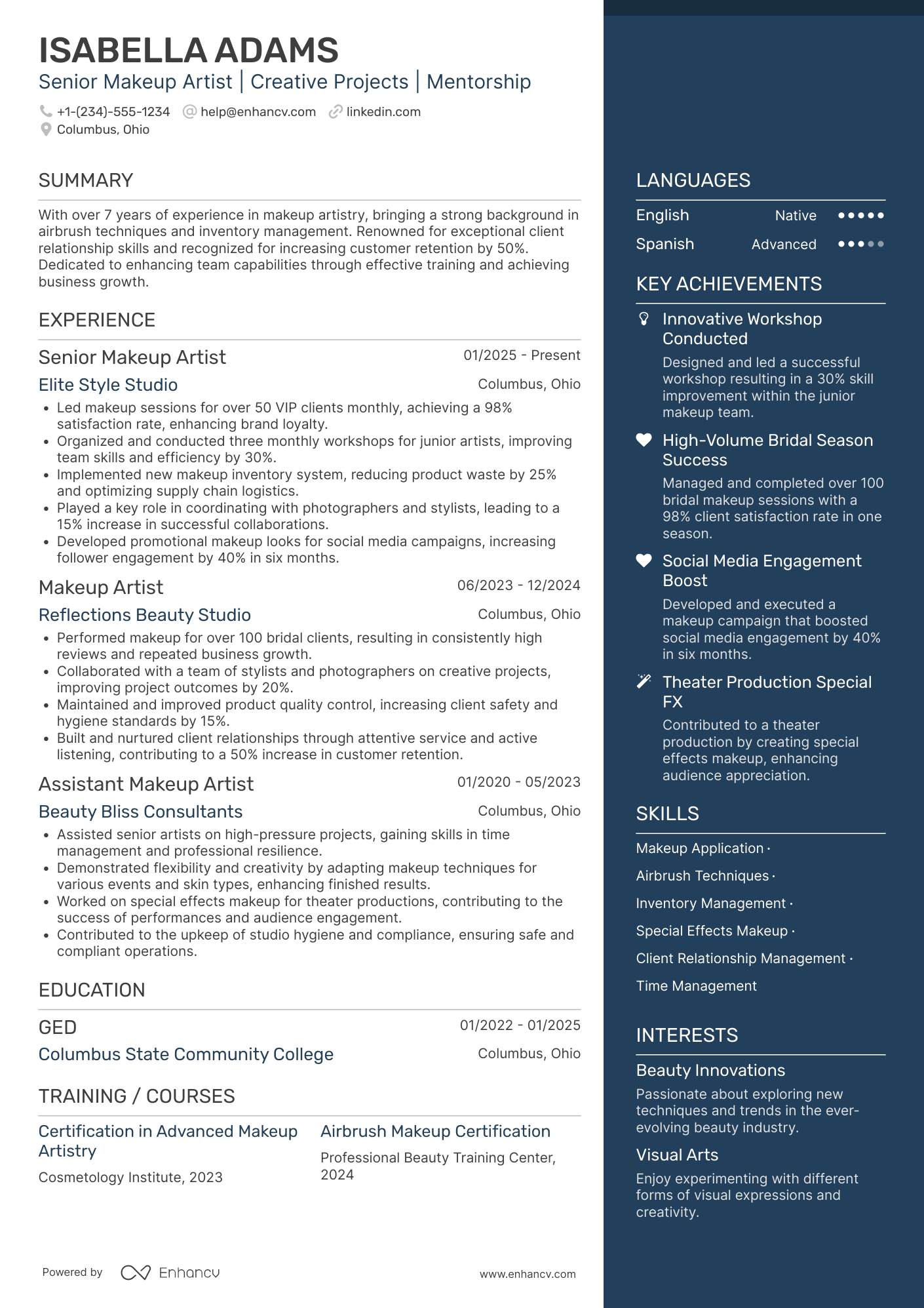 A resume example of a Senior Makeup Artist