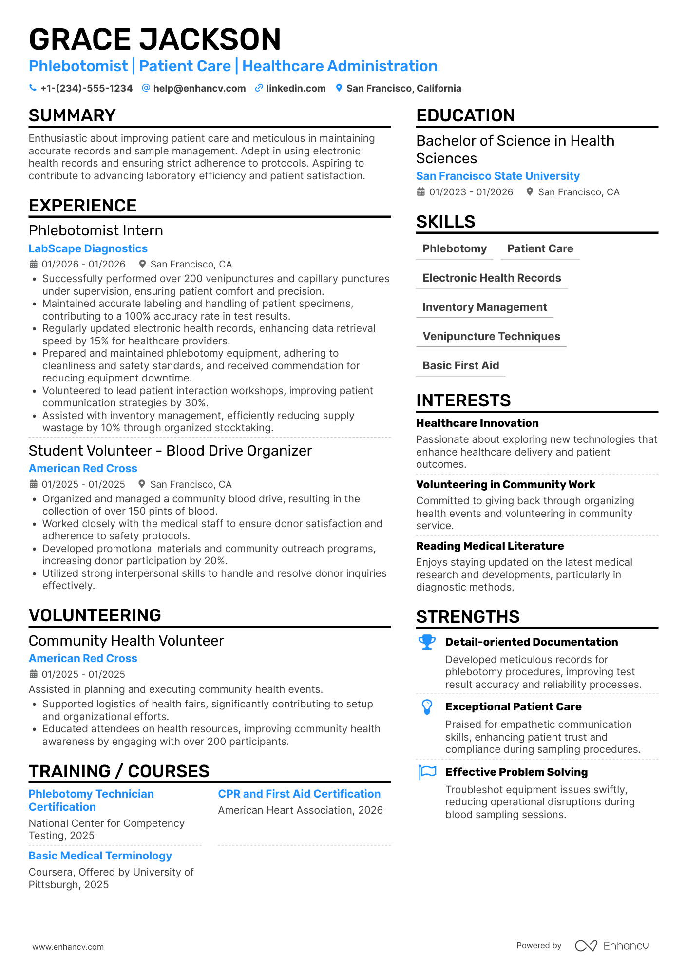 A resume example of a Entry Level Phlebotomist