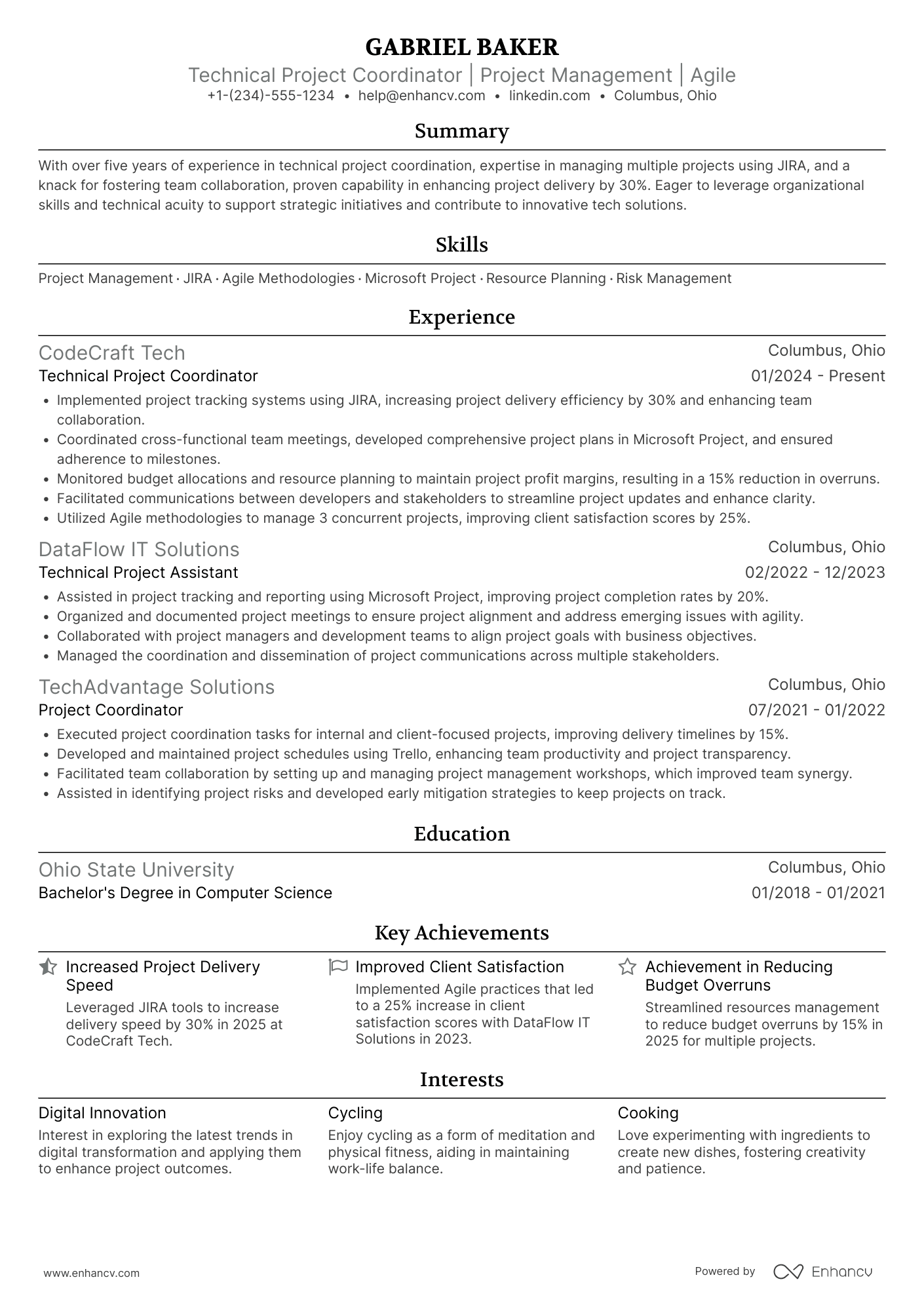 A resume example of a Technical Project Coordinator