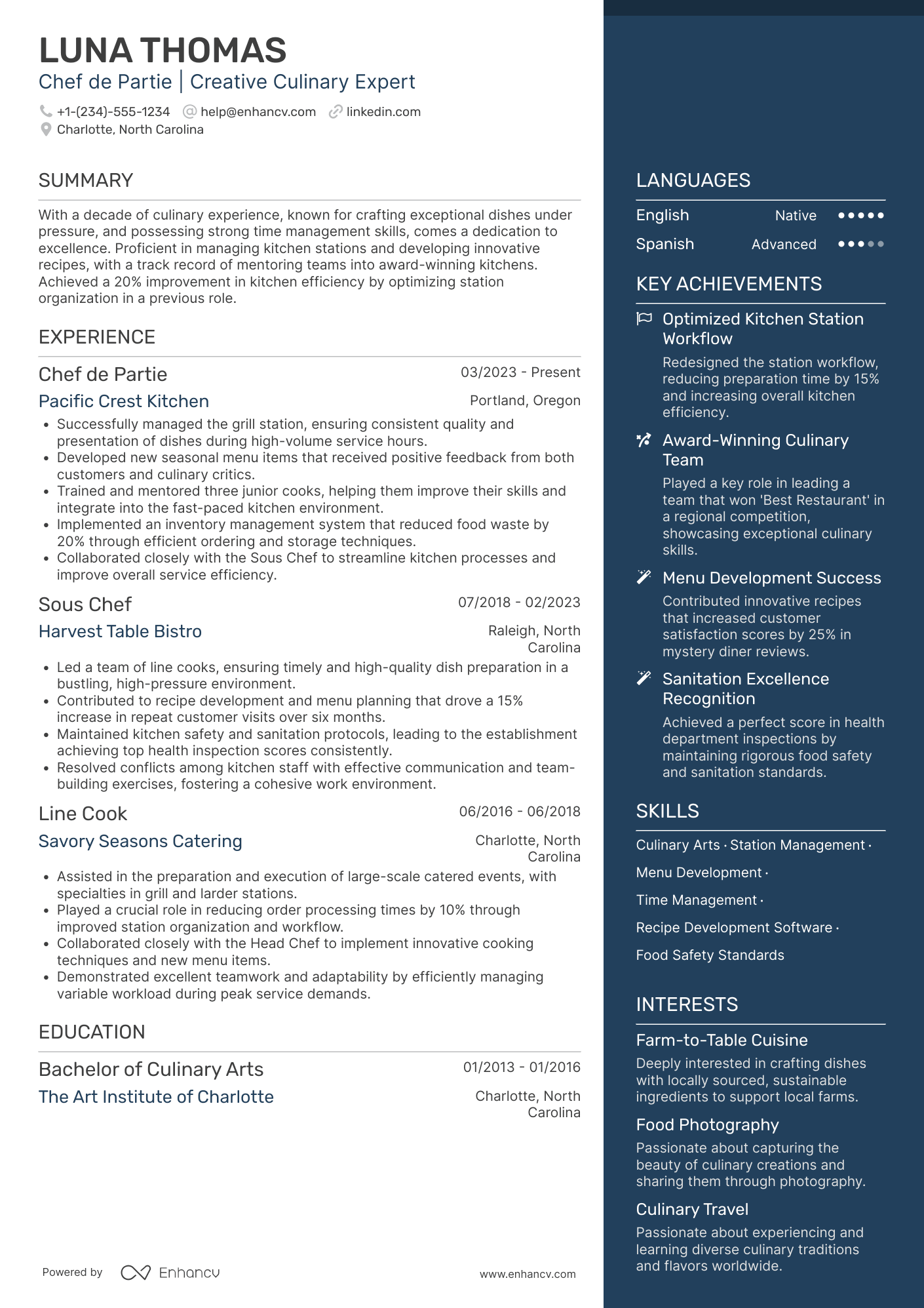 A resume example of a Chef de Partie