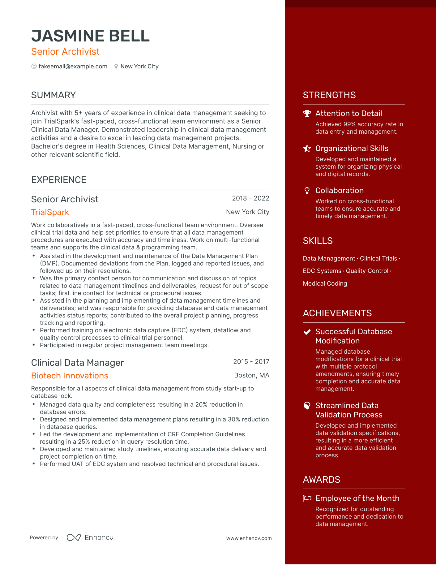 One Page Archivist Resume Template