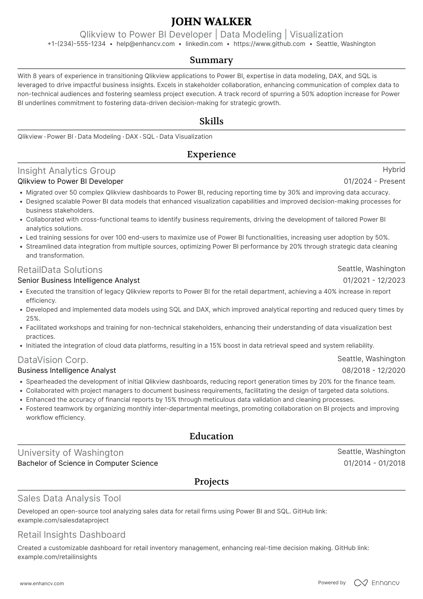 A resume example of a Qlikview To Power BI Resume Developer