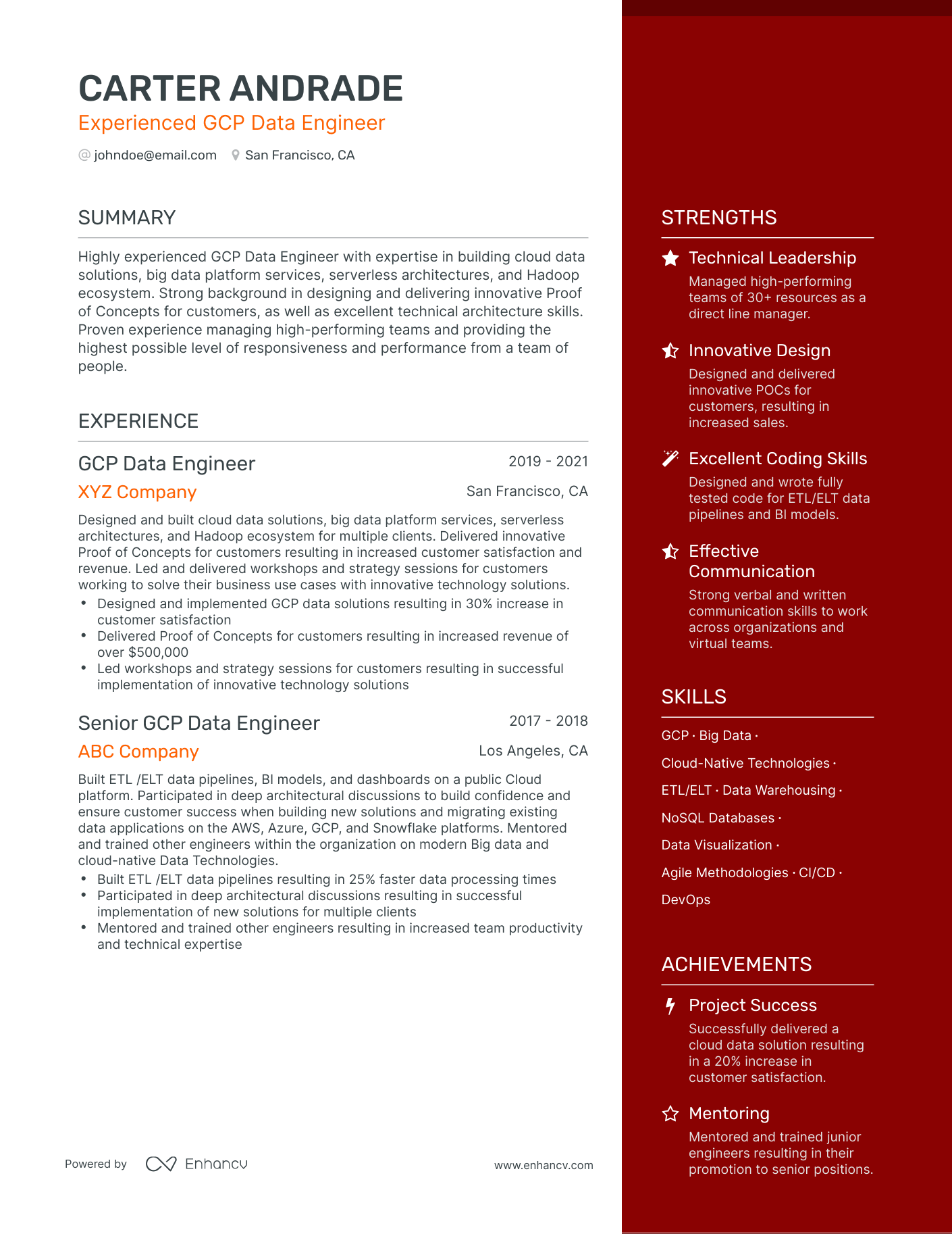 One Page Gcp Data Engineer Resume Template