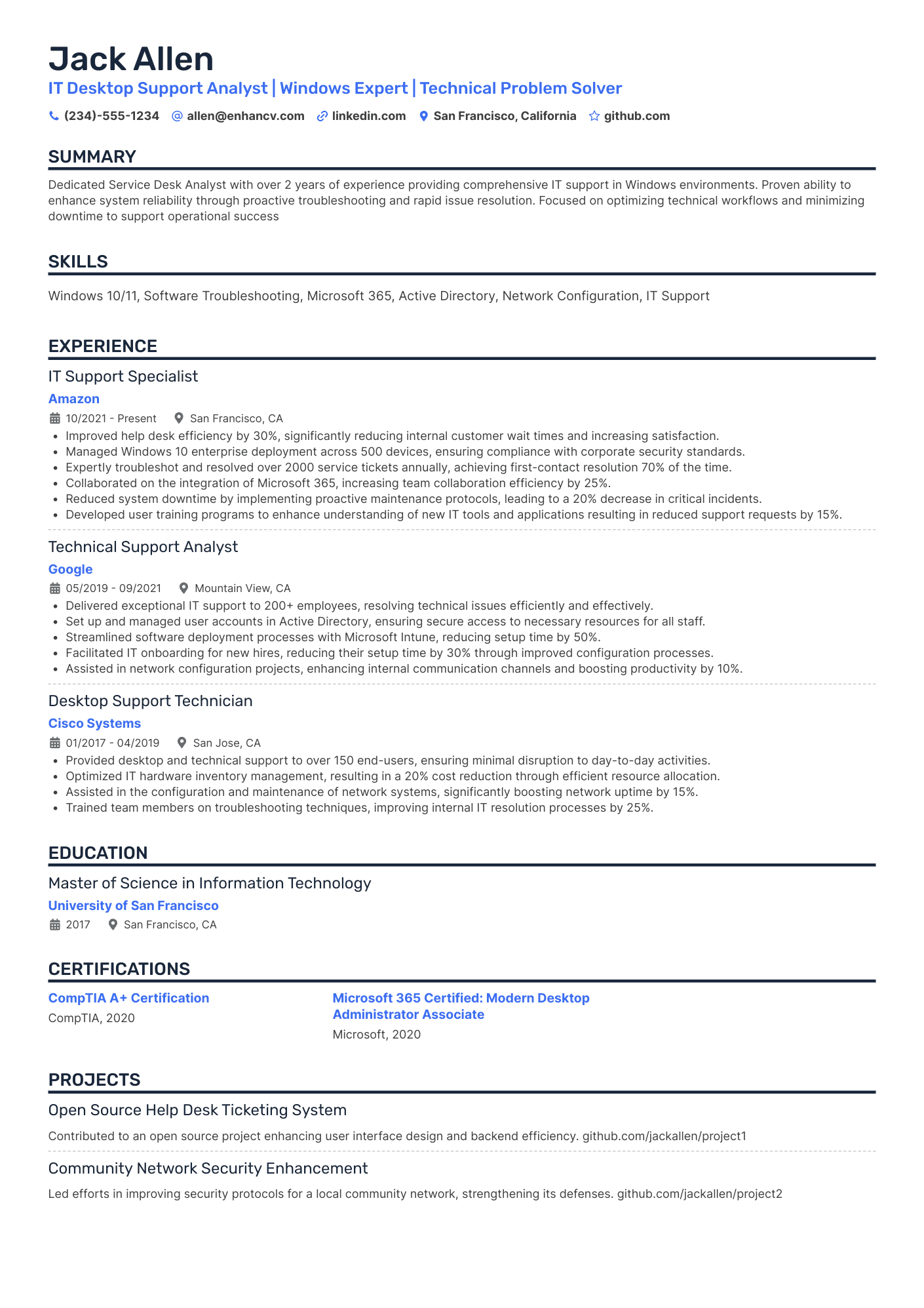 A resume example of a IT Service Desk Analyst