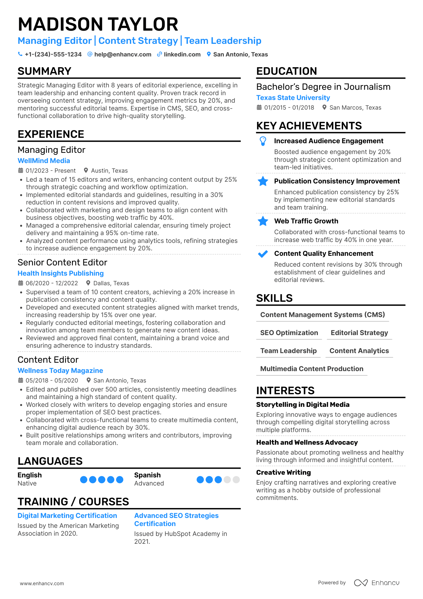 A resume example of a Managing Editor