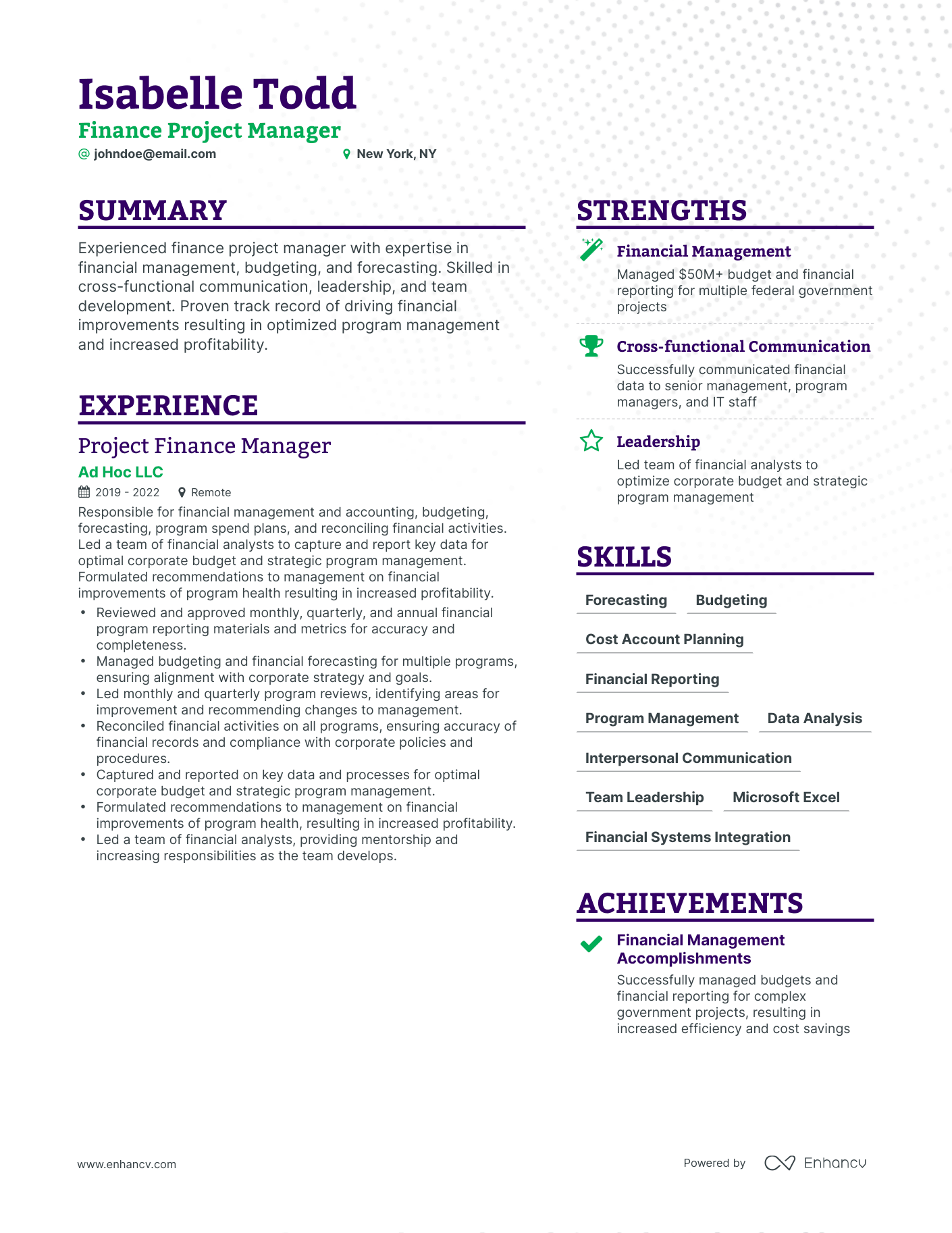 Simple Finance Project Manager Resume Template