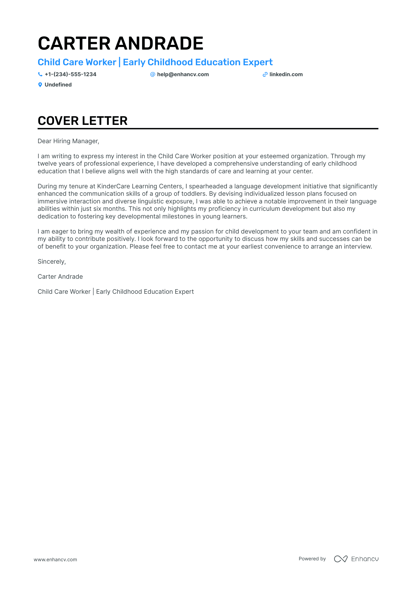 cover letter for a child care job