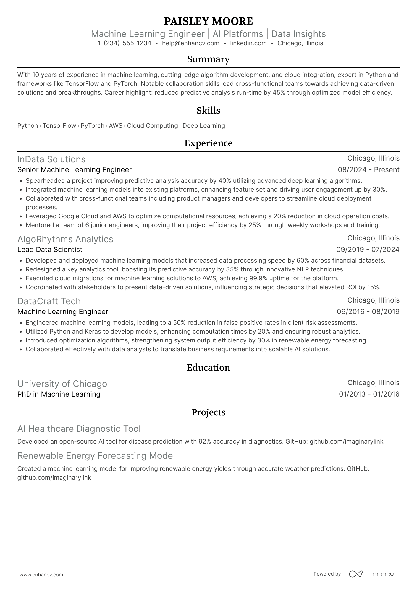A resume example of a PhD Machine Learning Engineer