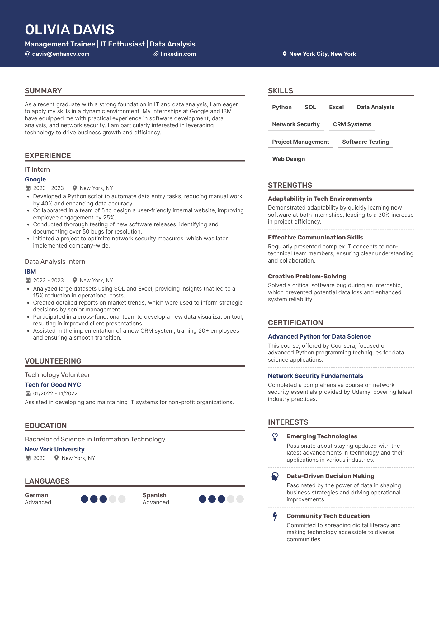 A resume example of a Entry Level IT