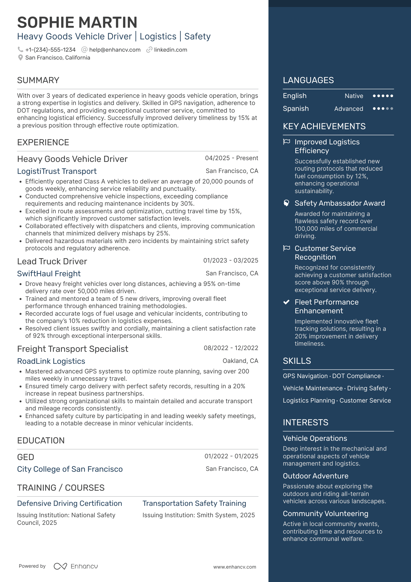 A resume example of a Heavy Goods Vehicle Driver