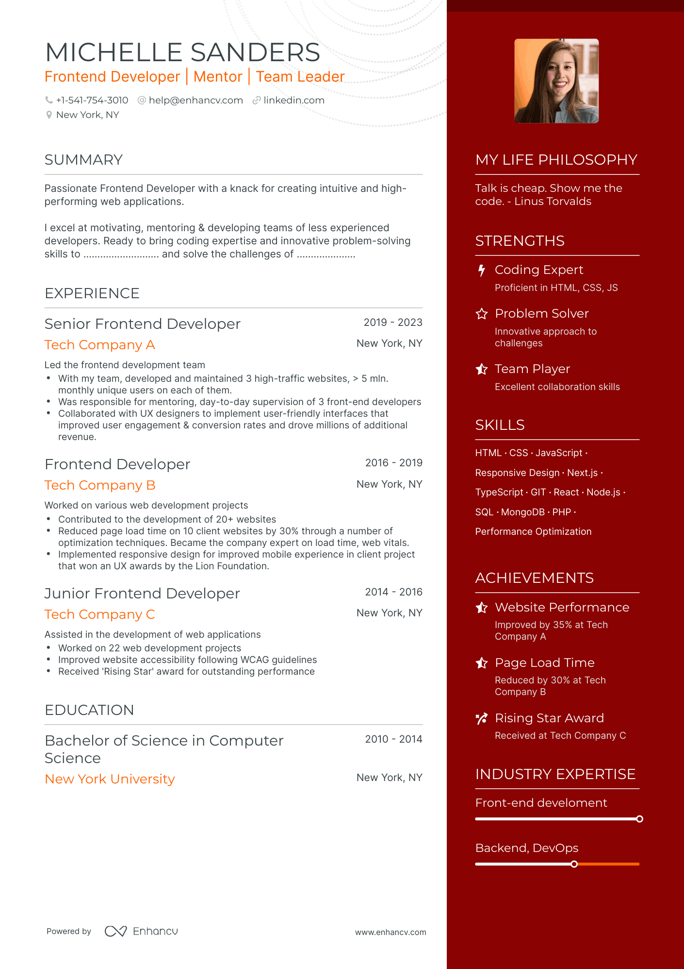 One Page Front End Developer Resume Template