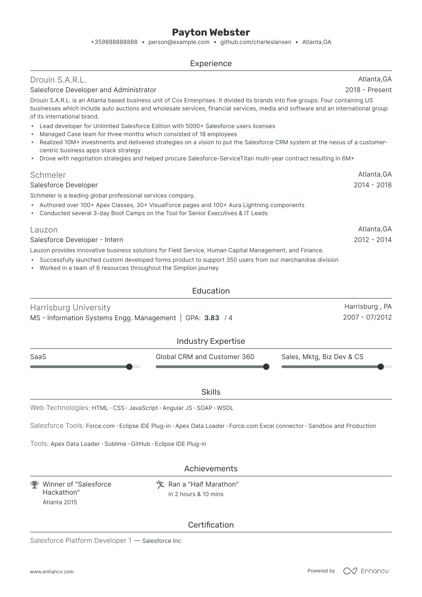 sample resume for salesforce developer
