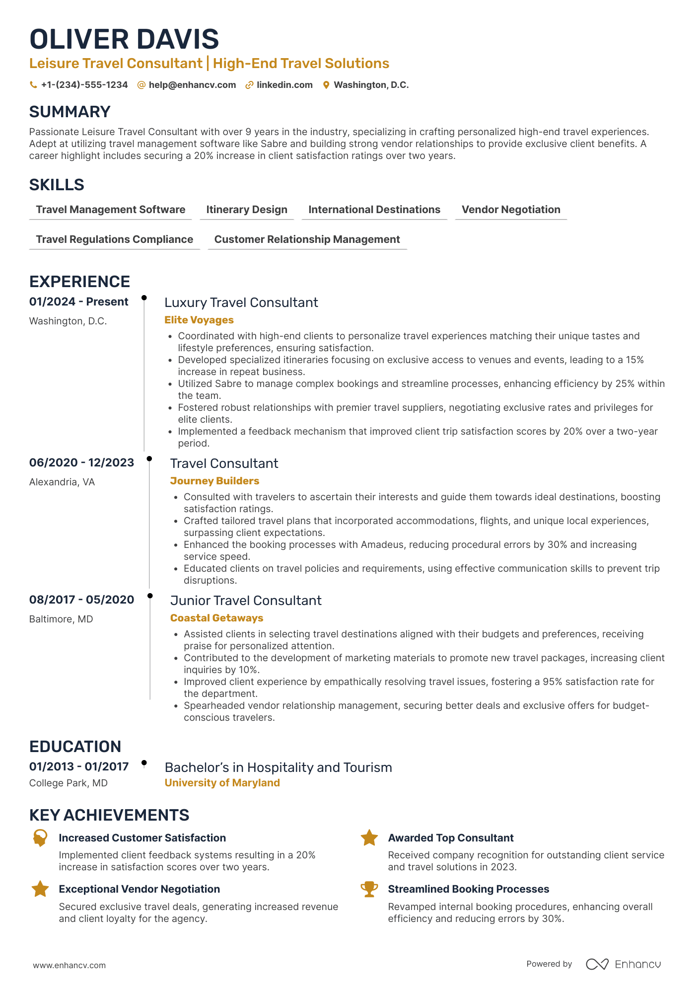 A resume example of a Leisure Travel Consultant