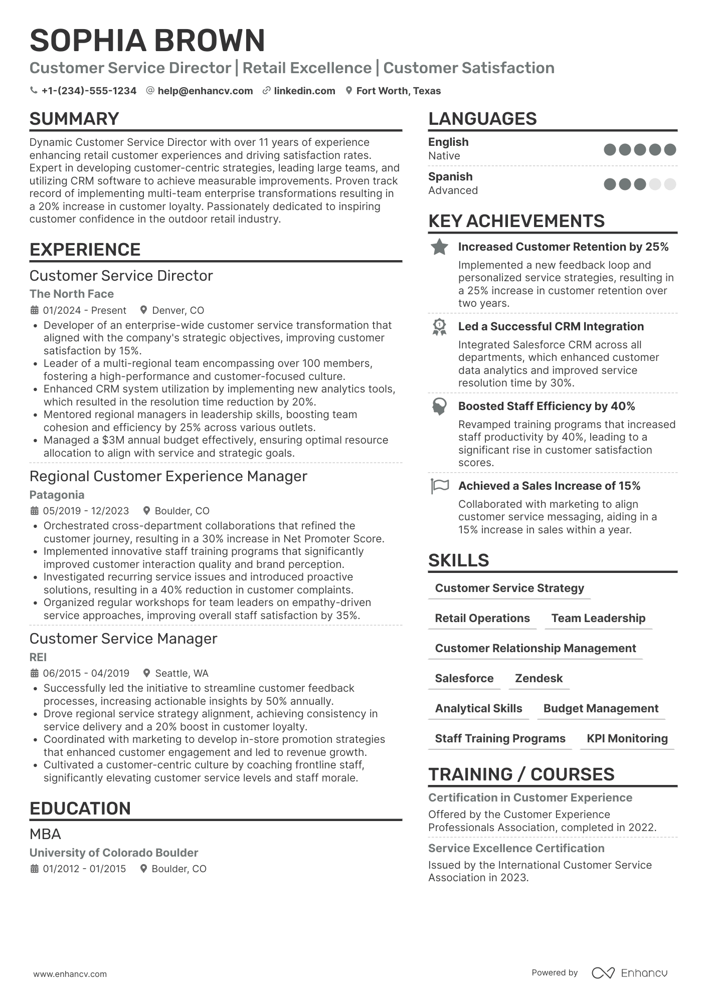 A resume example of a Customer Service Retail Director