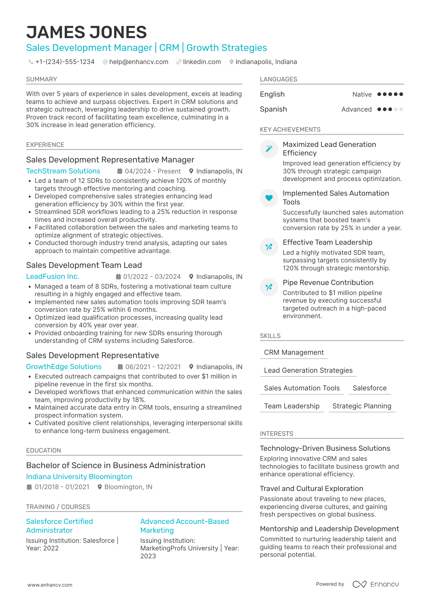 A resume example of a Sales Development Representative Manager