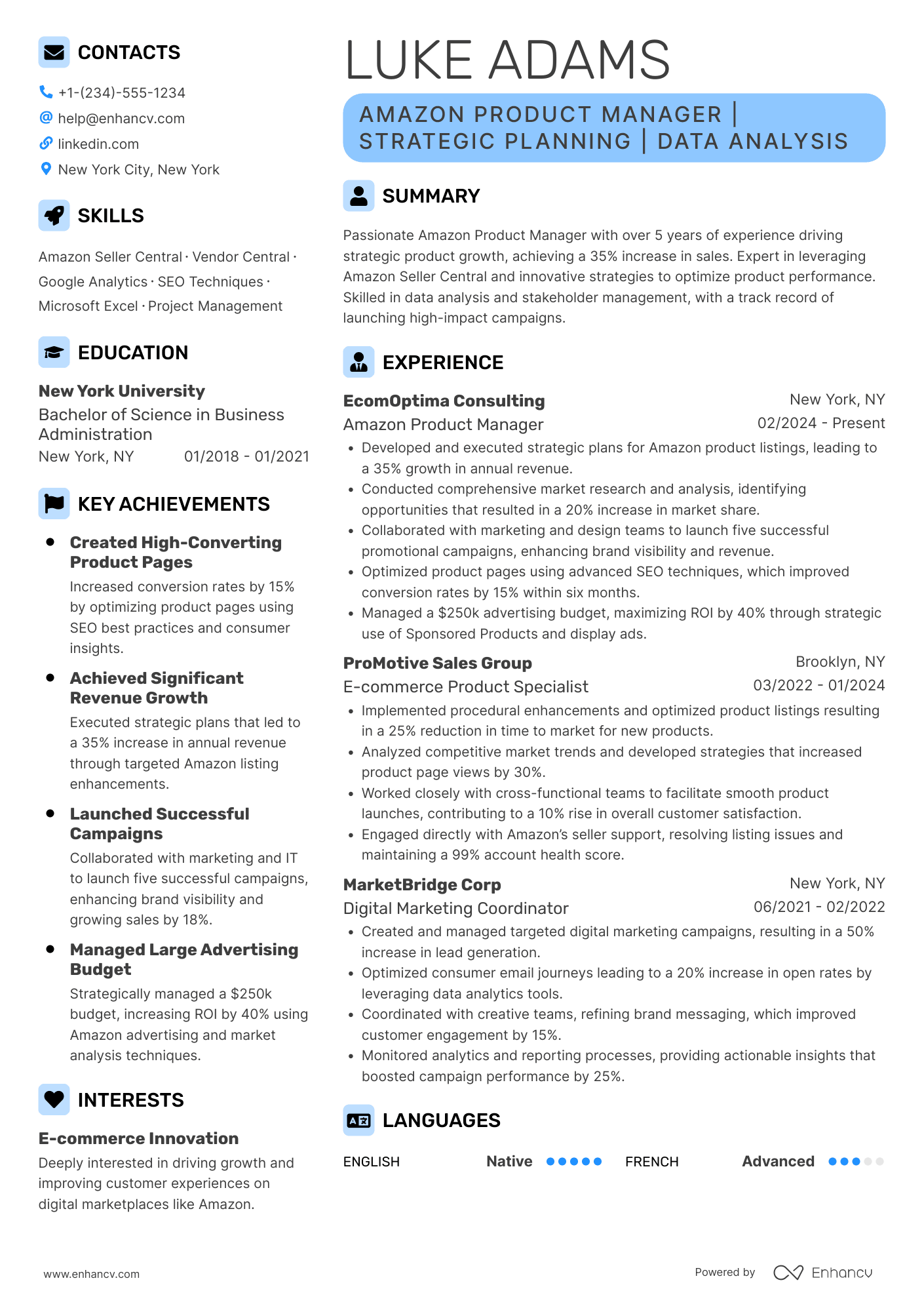 A resume example of a Amazon Product Manager