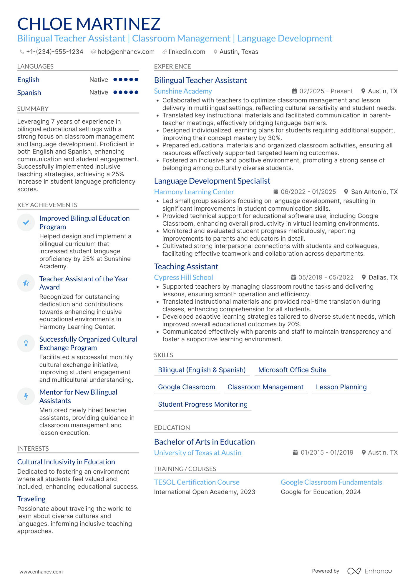 A resume example of a Bilingual Teacher Assistant