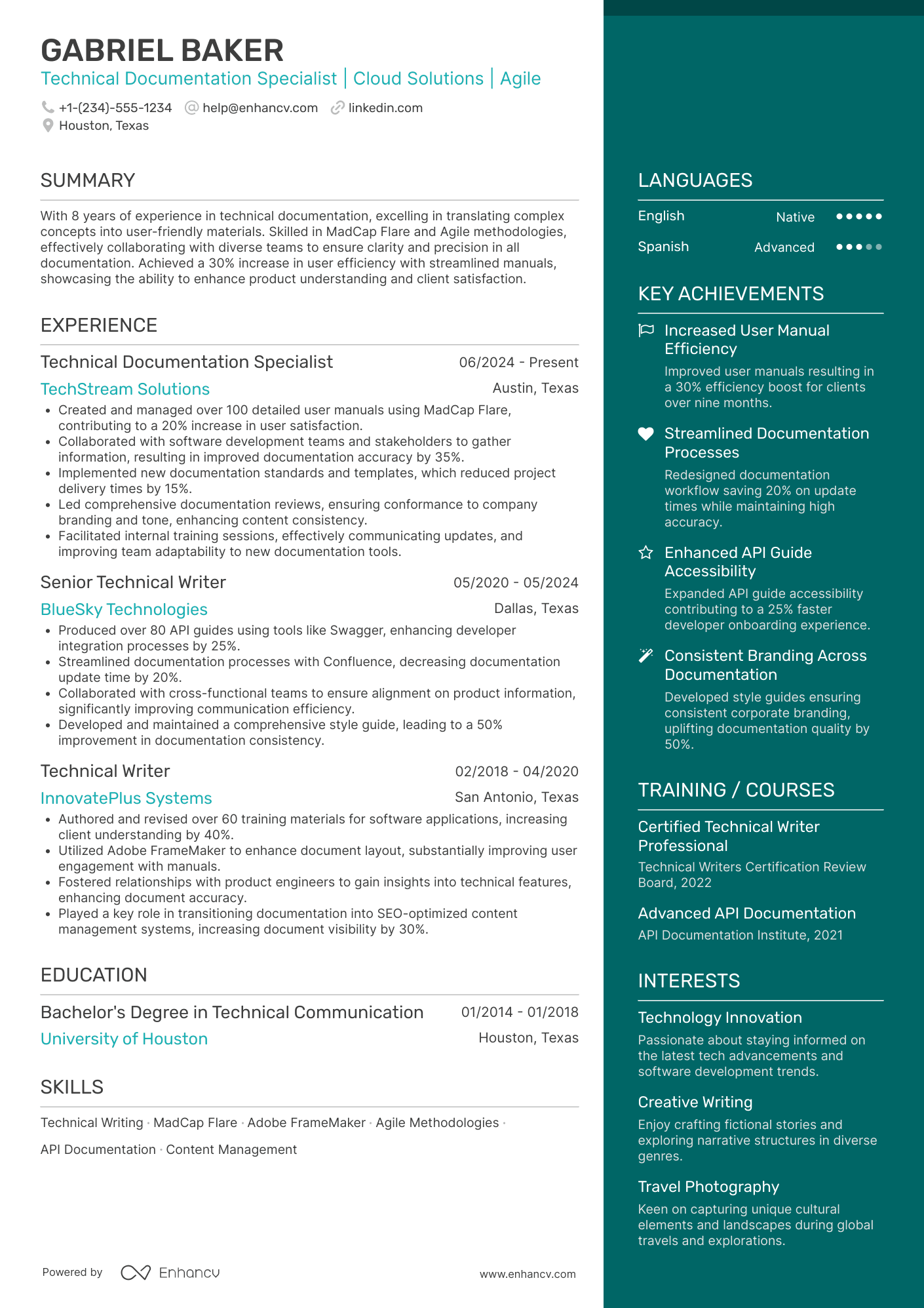A resume example of a Technical Documentation Specialist
