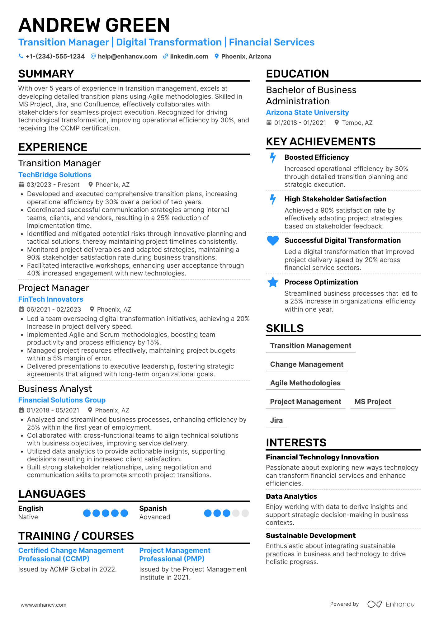 A resume example of a Transition Manager