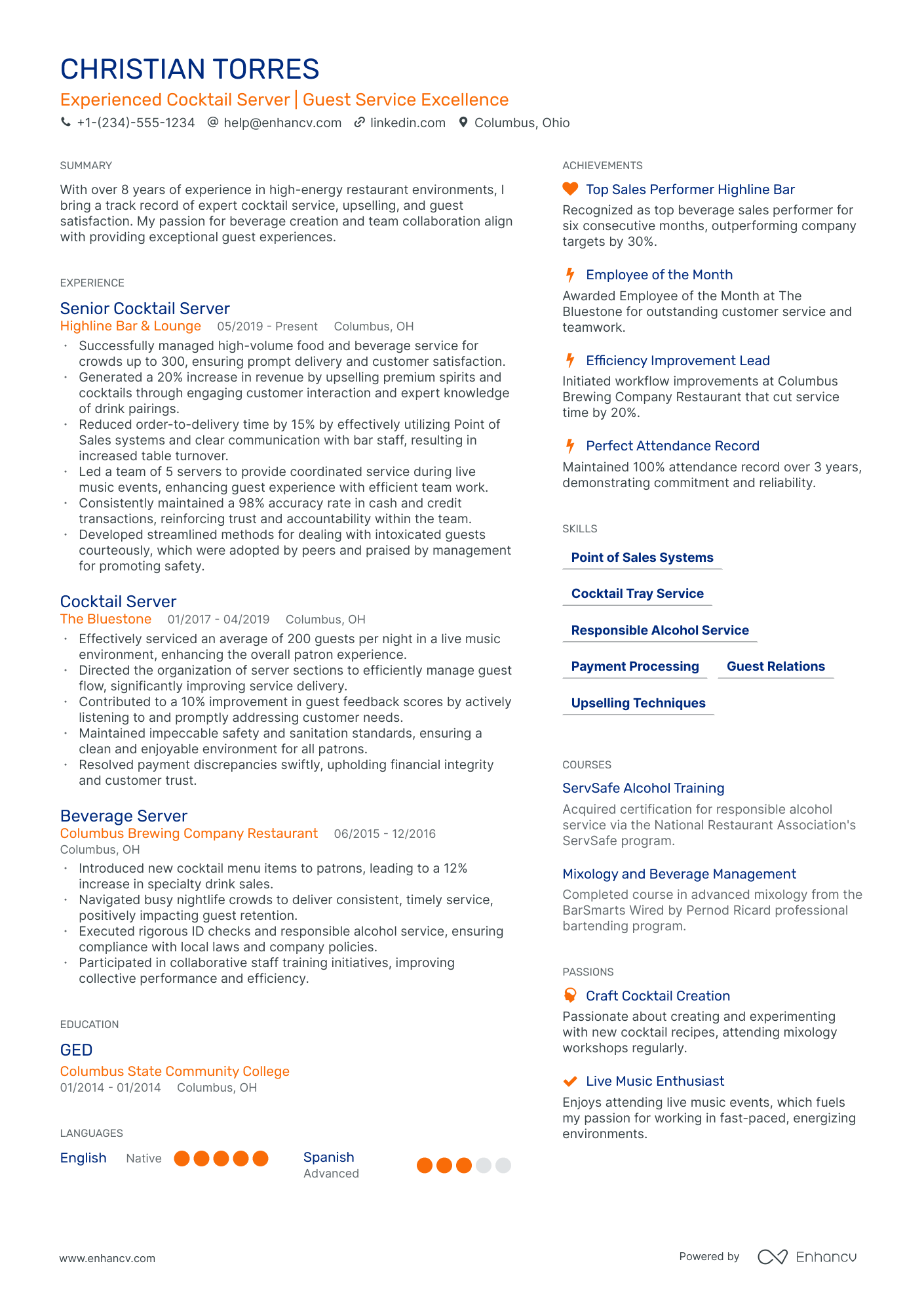 resume format for cocktail waitress
