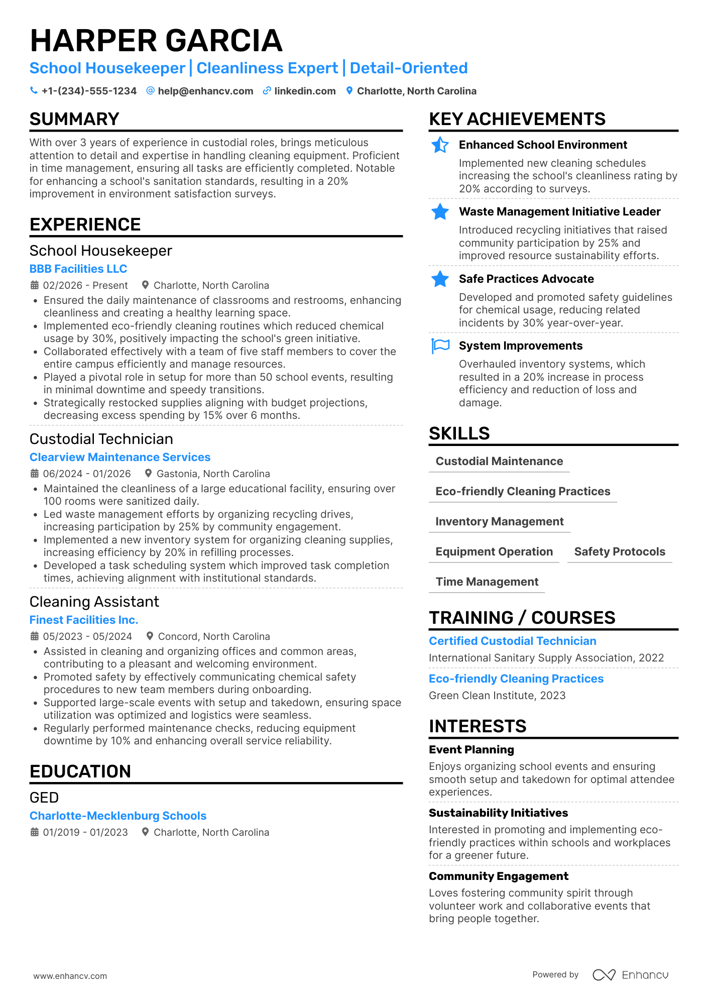 A resume example of a School Housekeeper