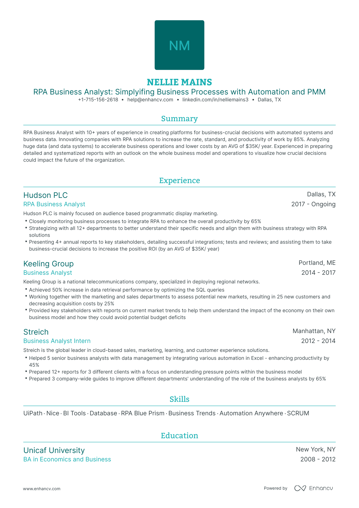Traditional Rpa Business Analyst Resume Template