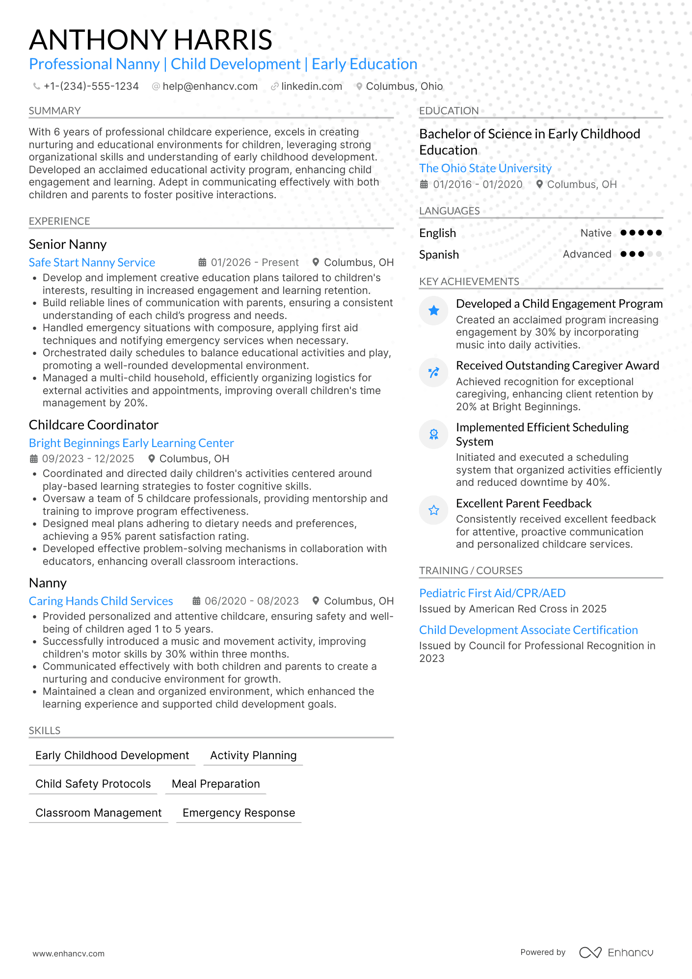 A resume example of a Temporary Nanny