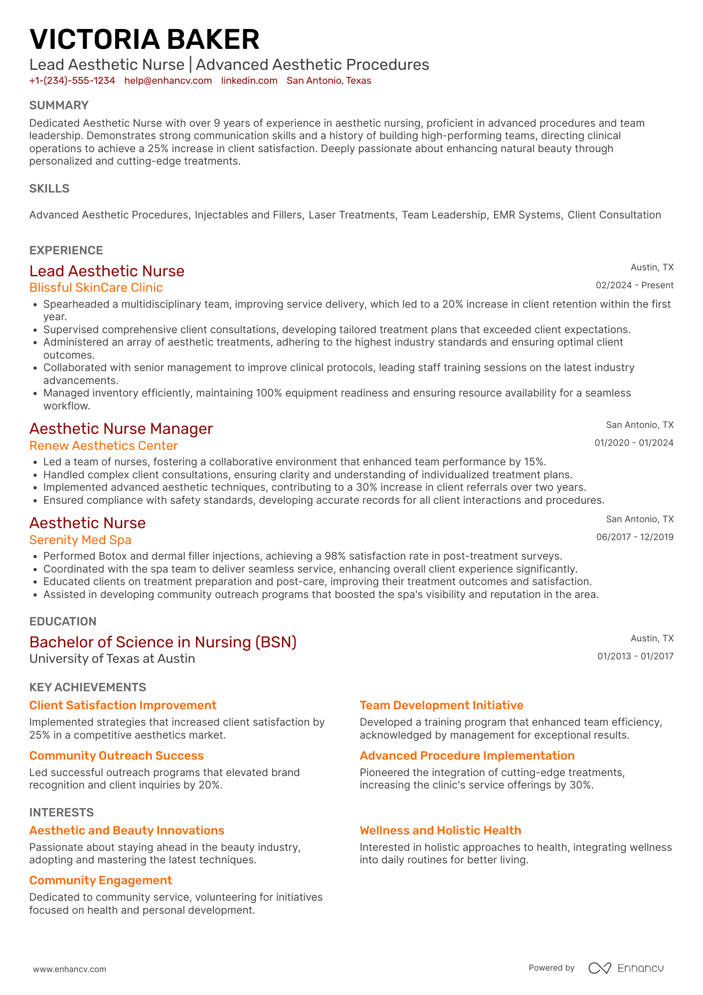 A resume example of a Lead Aesthetic Nurse