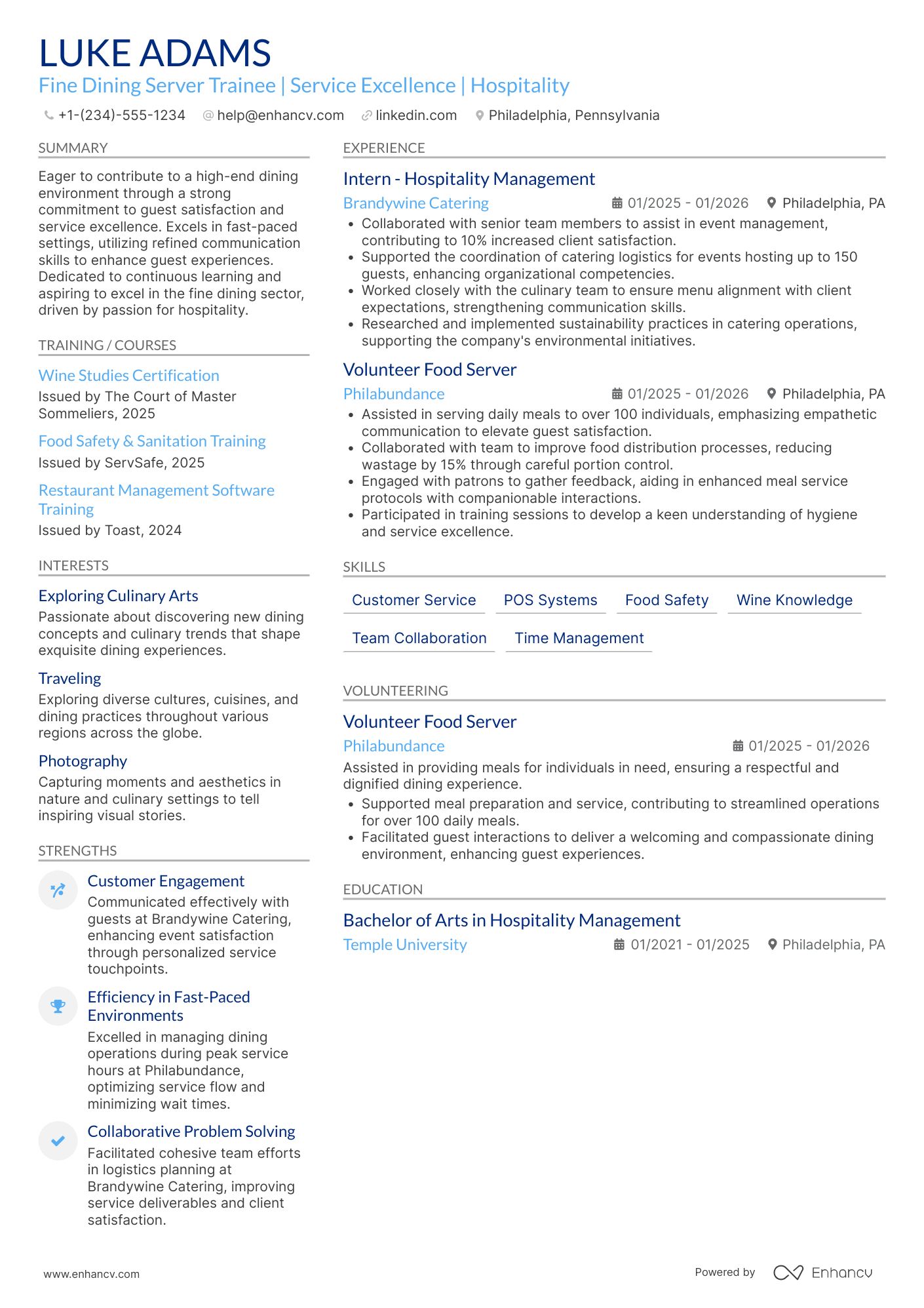 A resume example of a Fine Dining Server Trainee