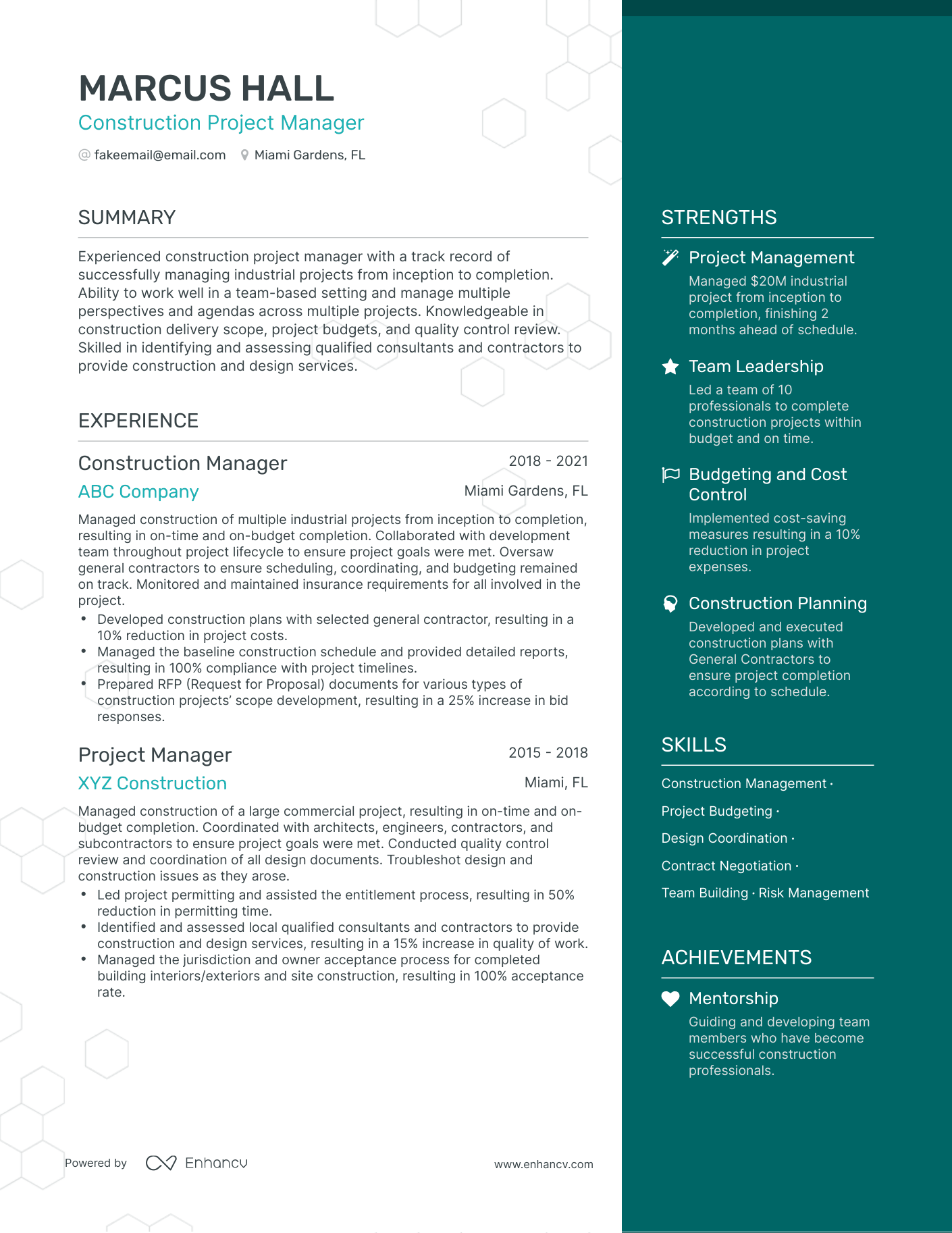 One Page Construction Project Manager Resume Template