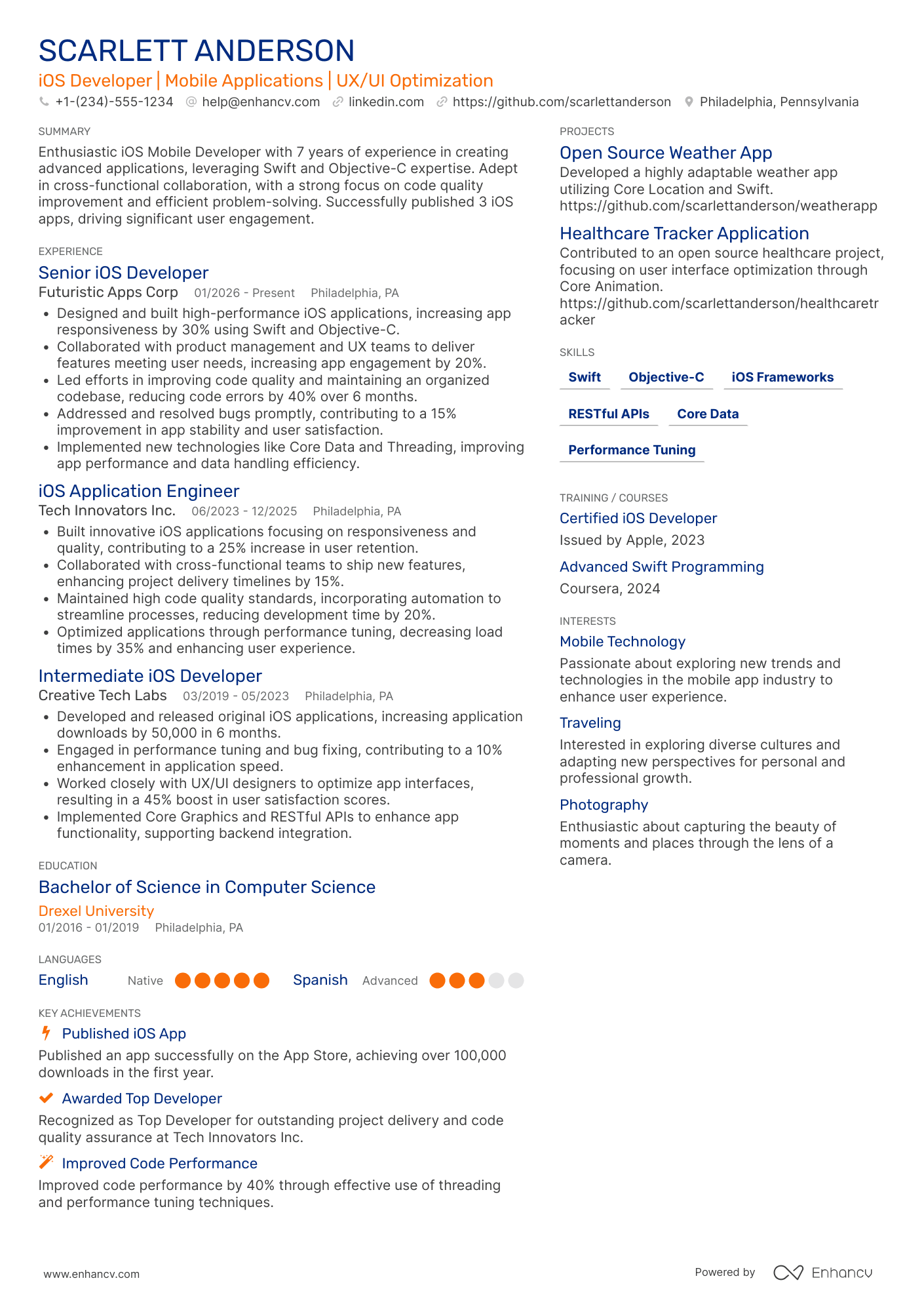 A resume example of a iOS Mobile Developer
