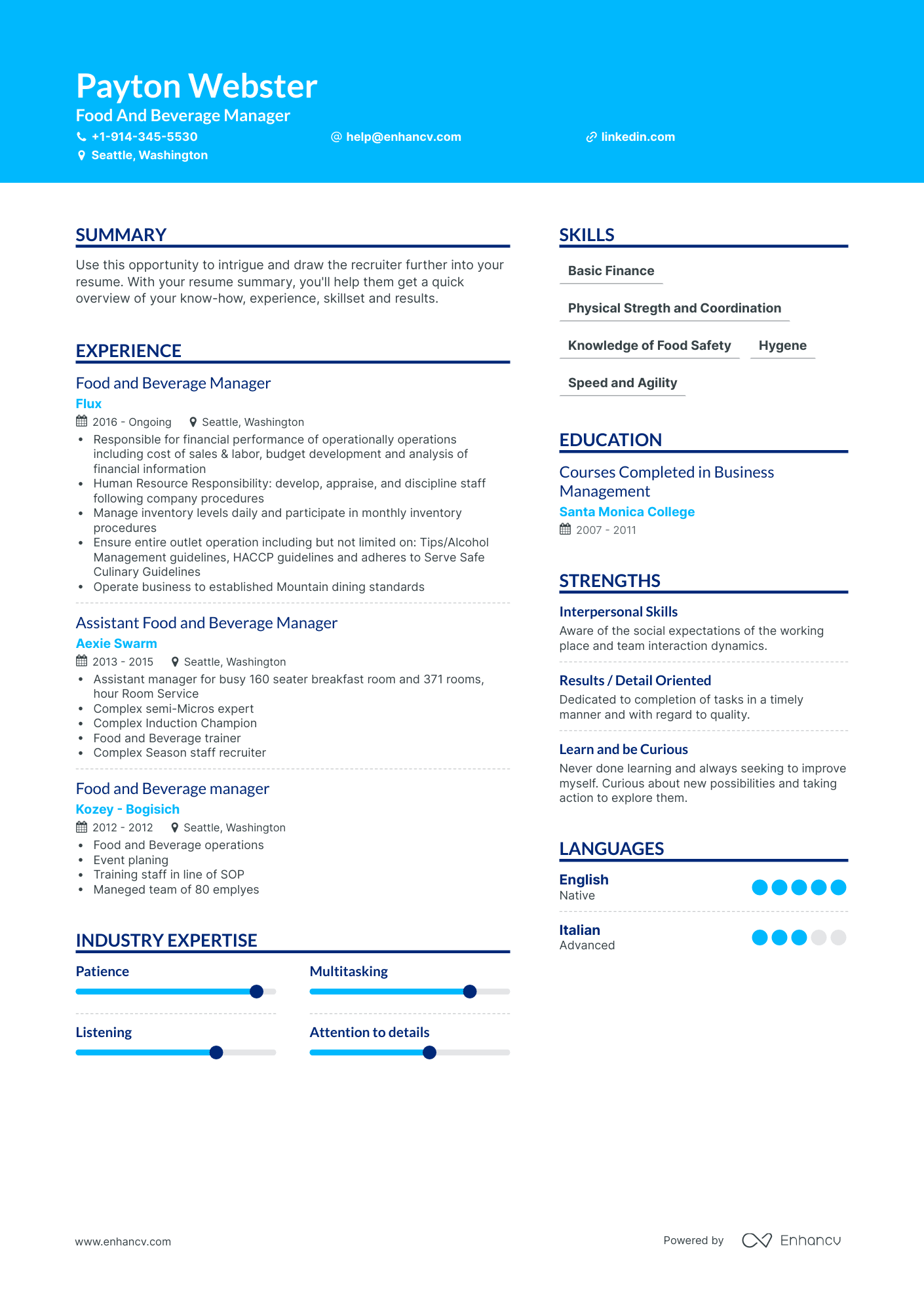 Food And Beverage Manager Resume Examples & Guide For 2023 (Layout ...