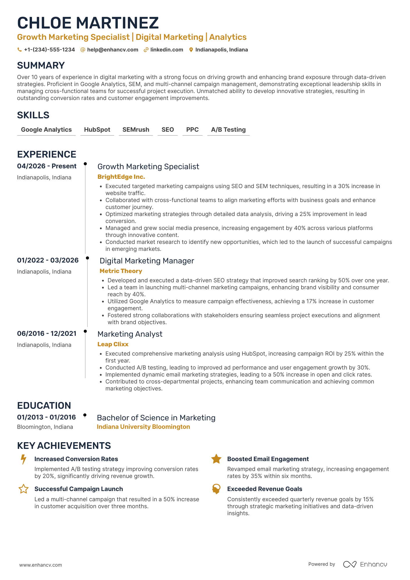 A resume example of a Growth Marketing