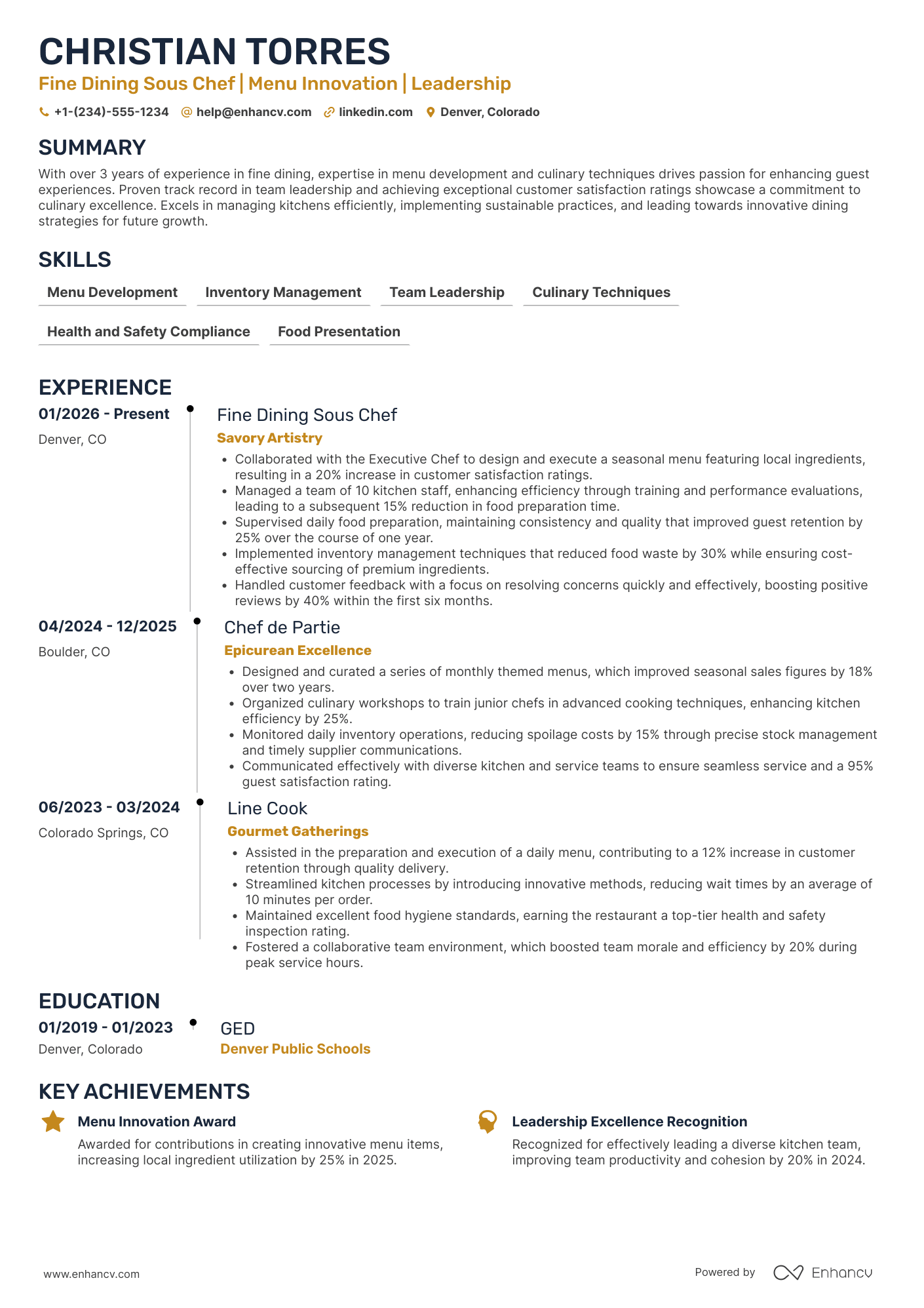 A resume example of a Fine Dining Sous Chef