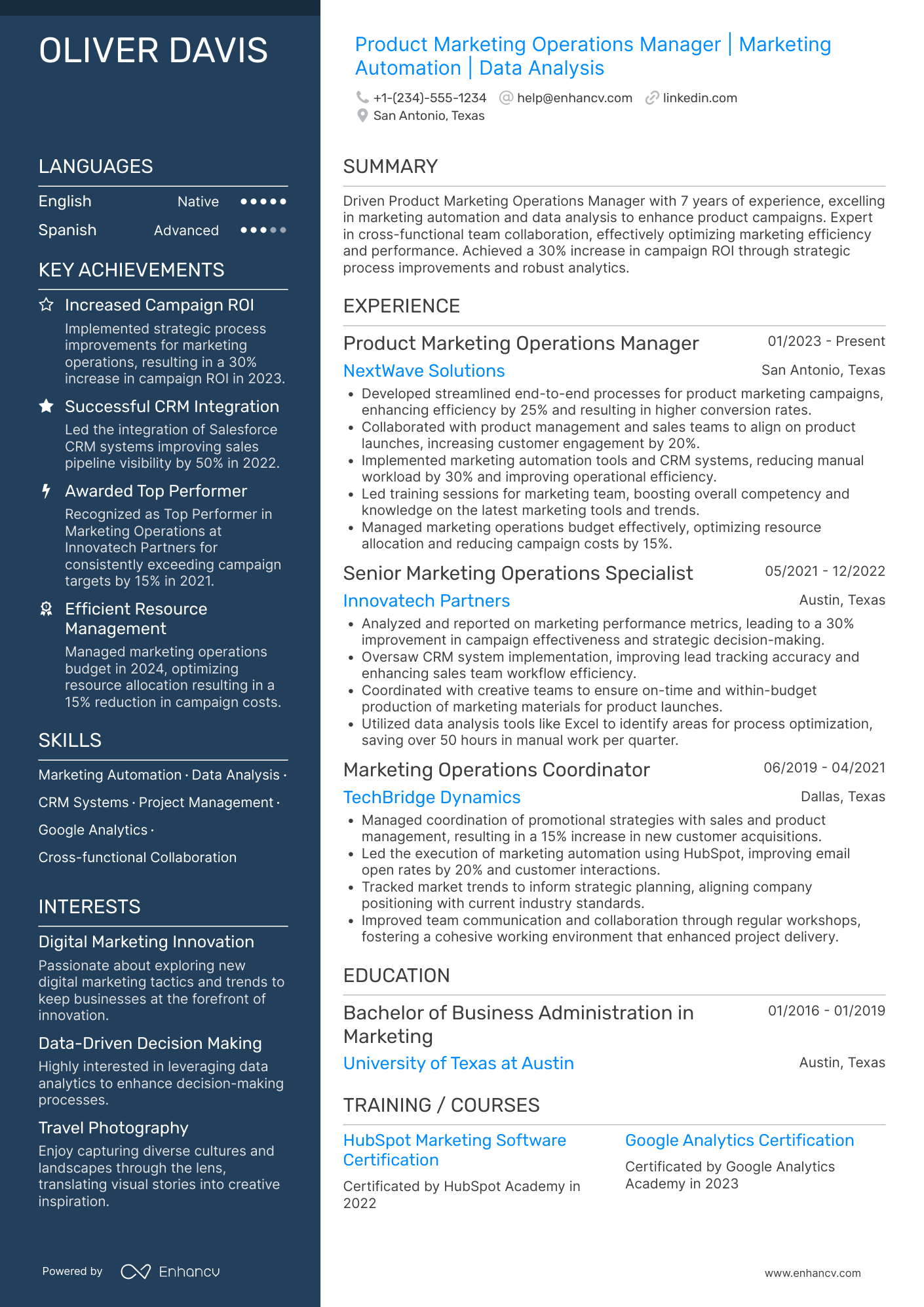 A resume example of a Product Marketing Operations Manager