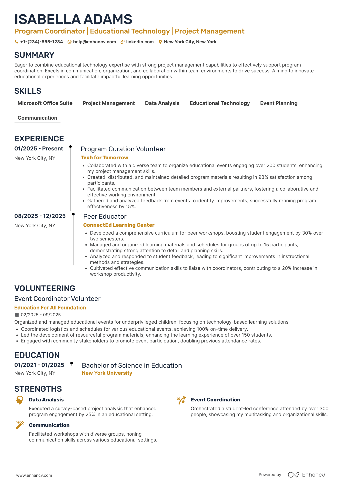 A resume example of a Program Coordinator Intern