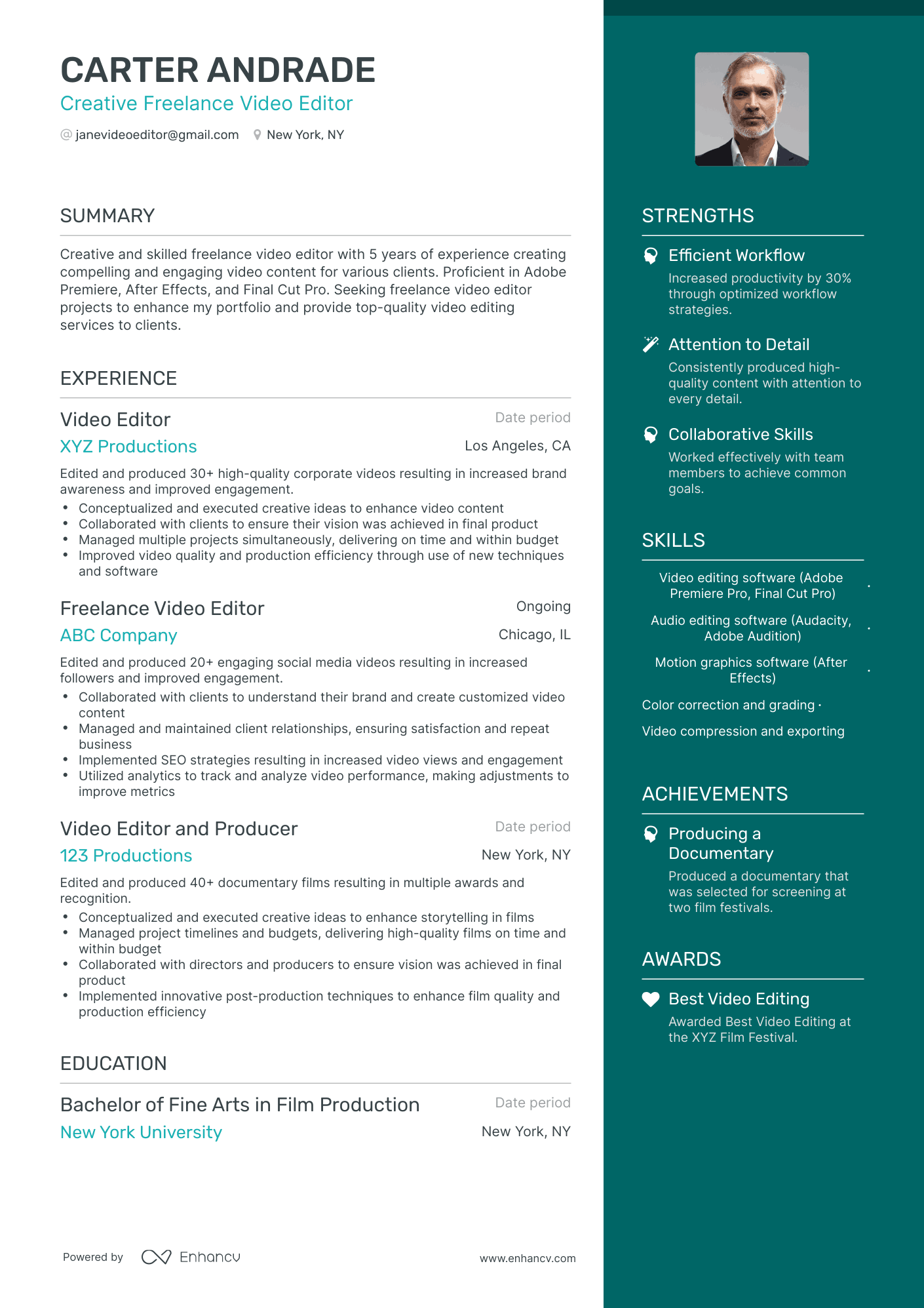 One Page Freelance Video Editor Resume Template