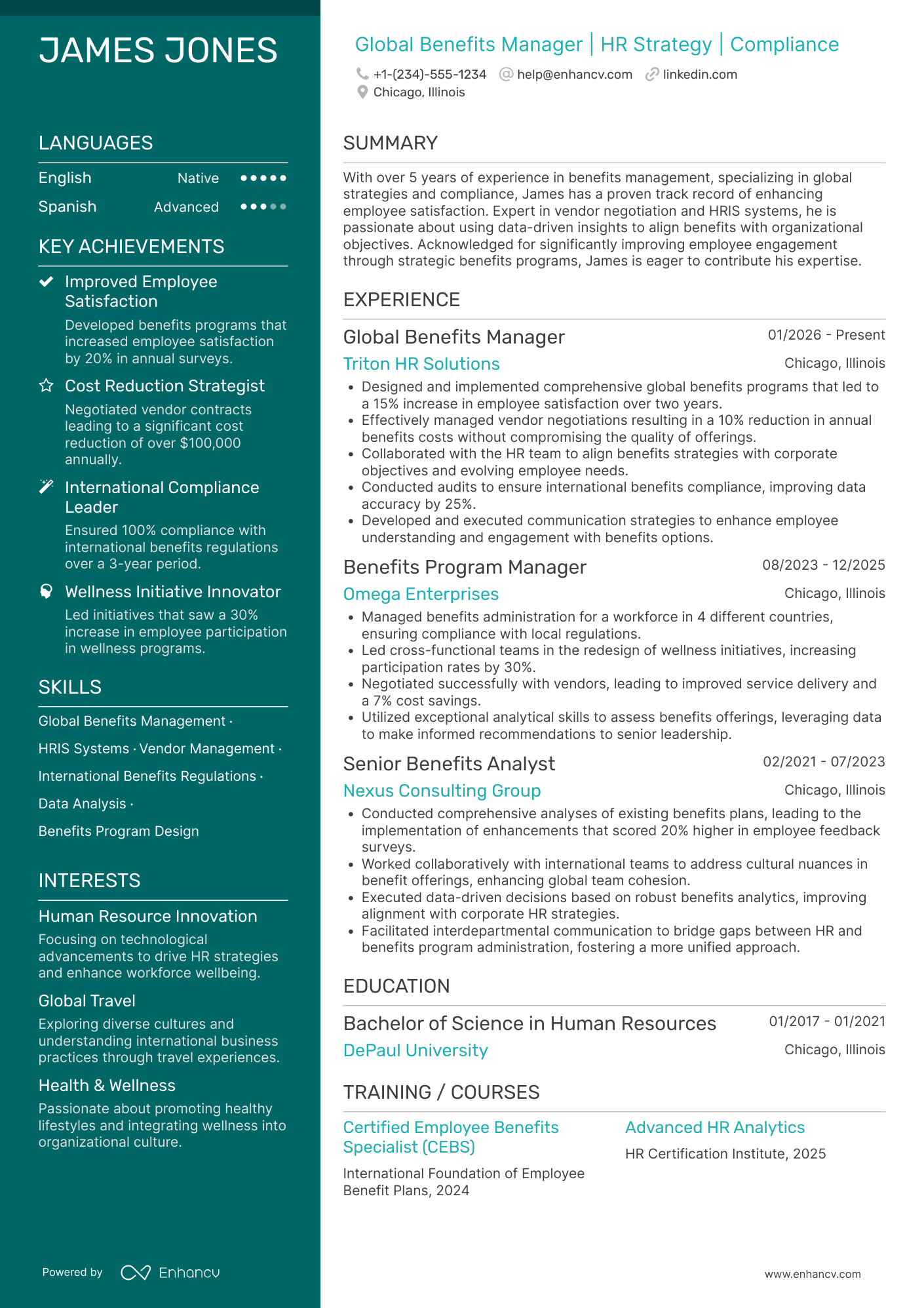 A resume example of a Global Benefits Manager