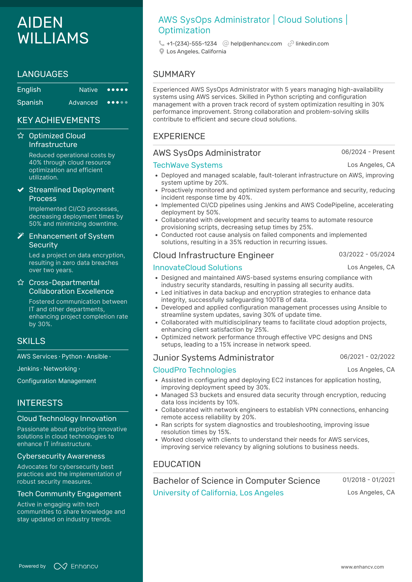 A resume example of a AWS SysOps Administrator