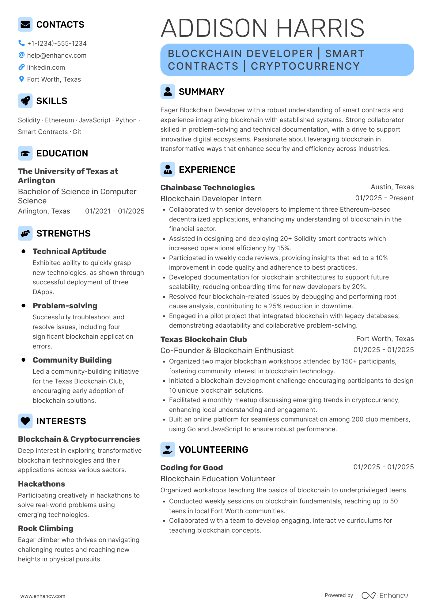 A resume example of a Entry Level Blockchain Developer