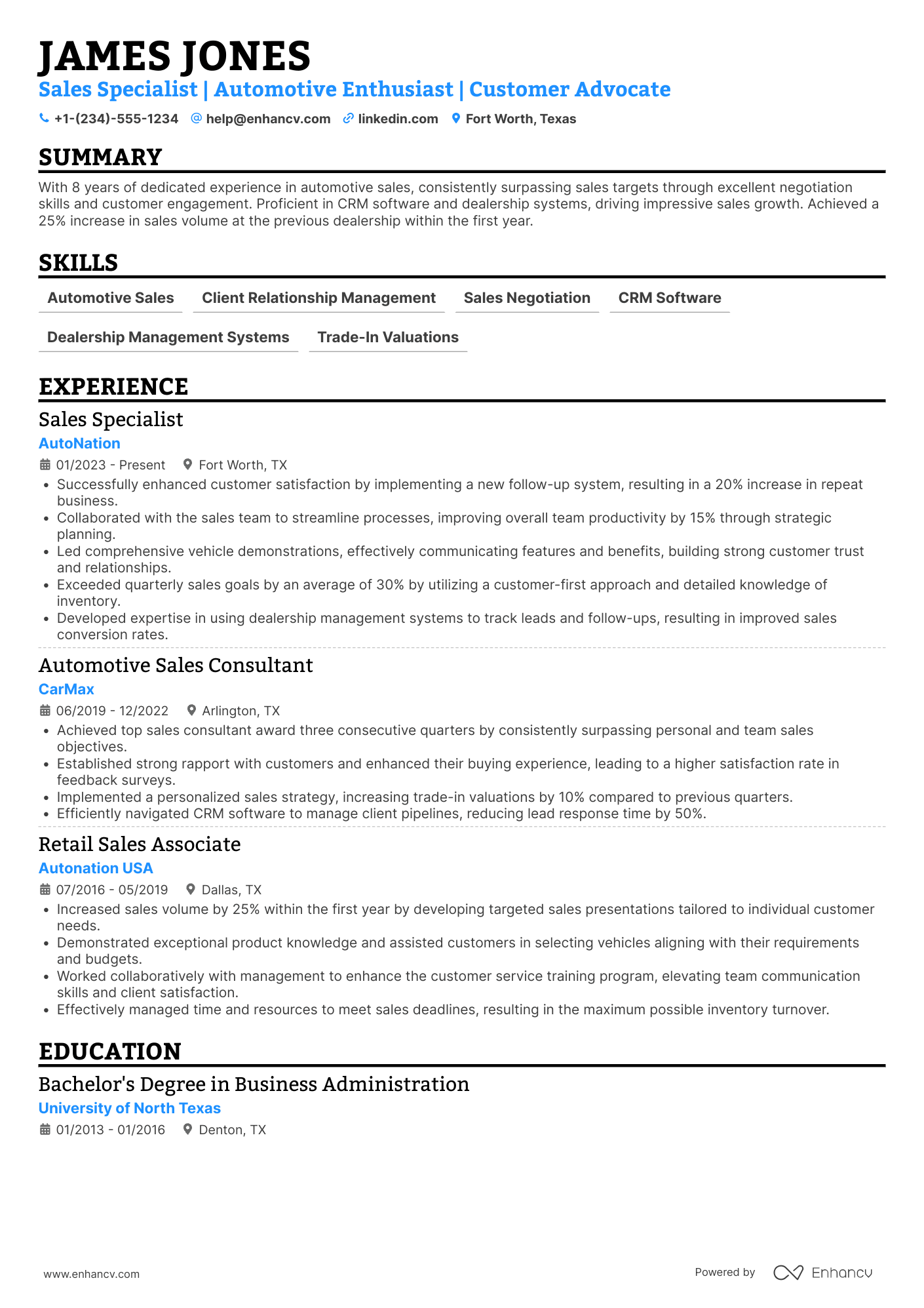 A resume example of a Used Car Salesman