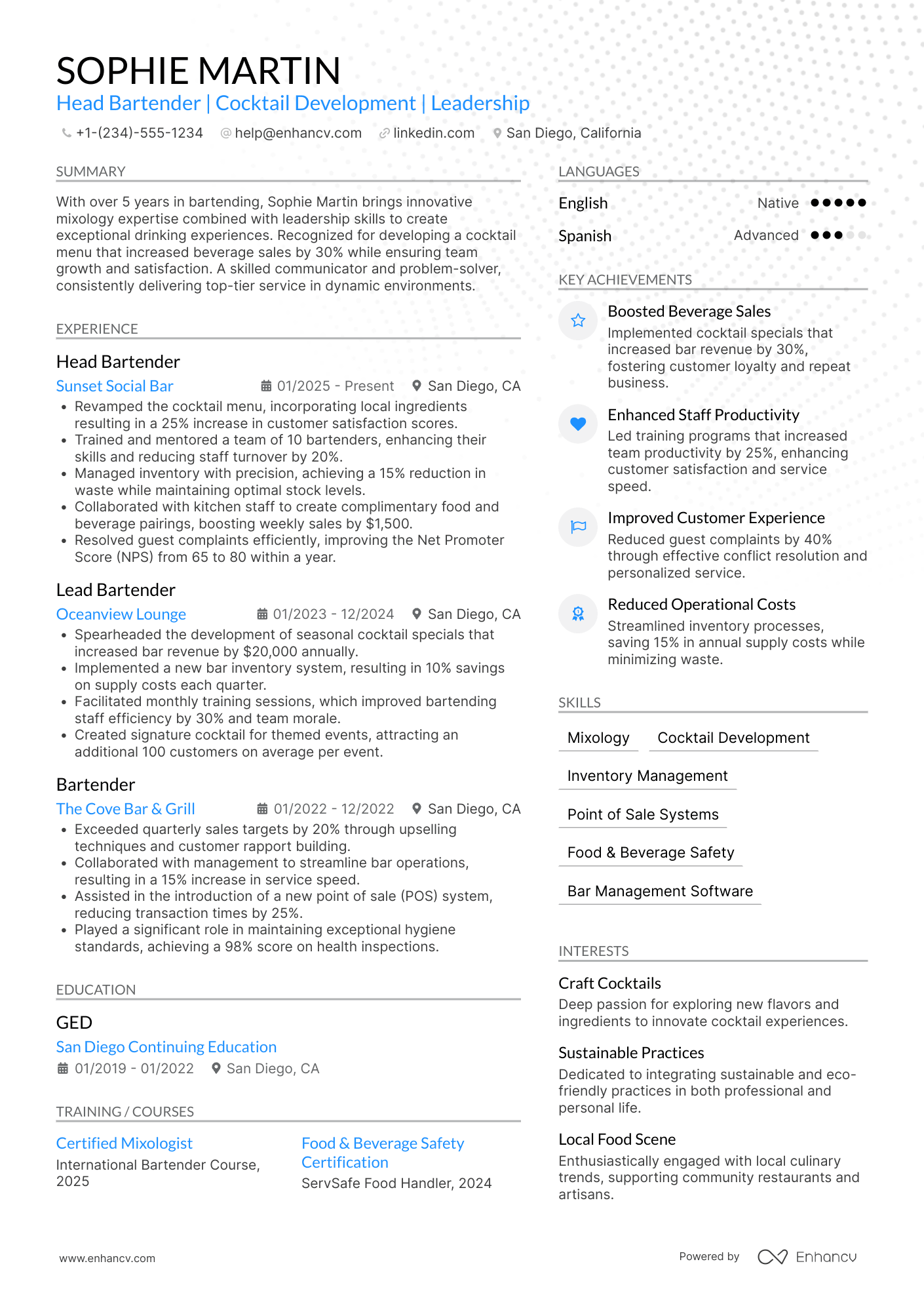 A resume example of a Head Bartender