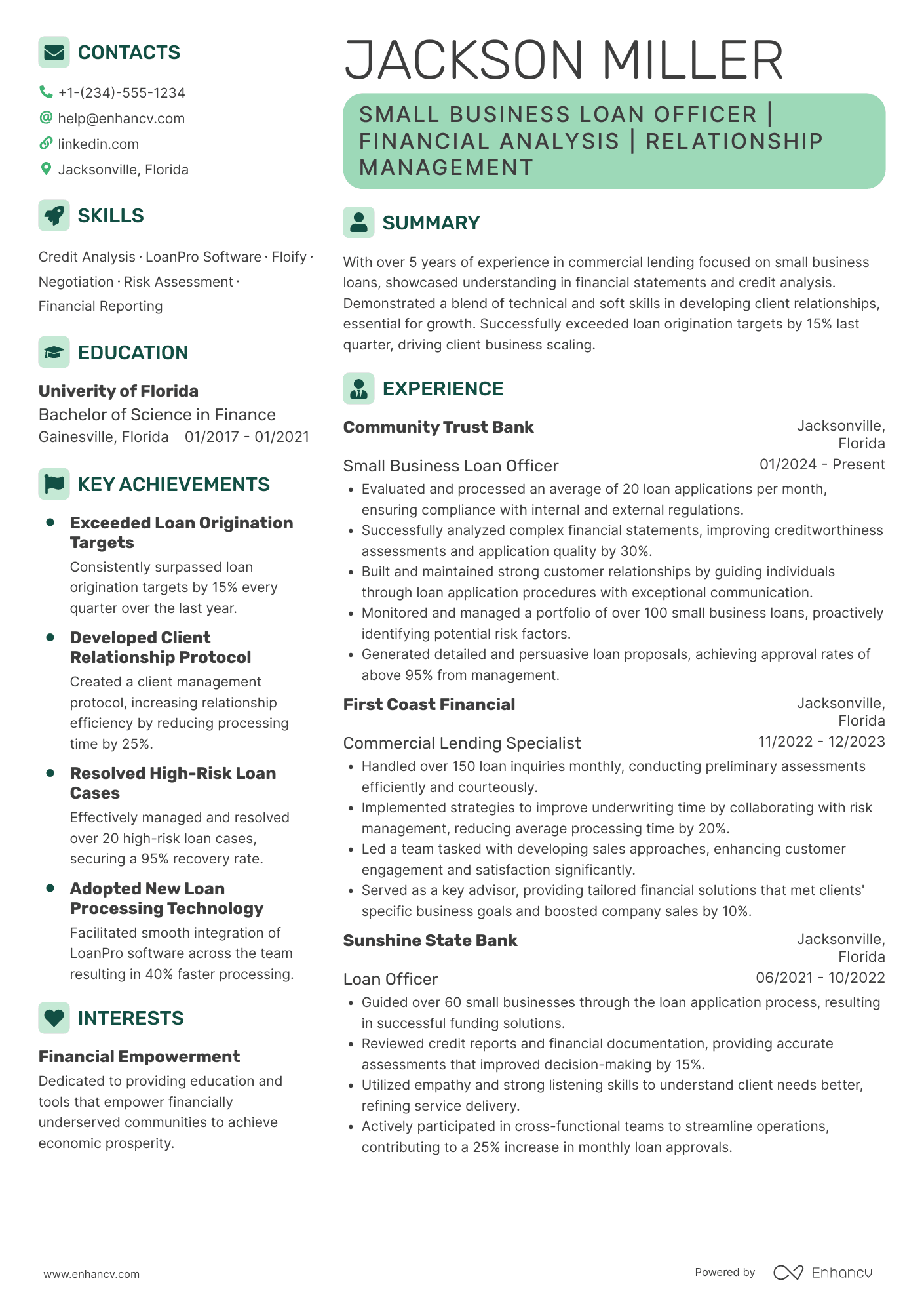 A resume example of a Small Business Loan Officer