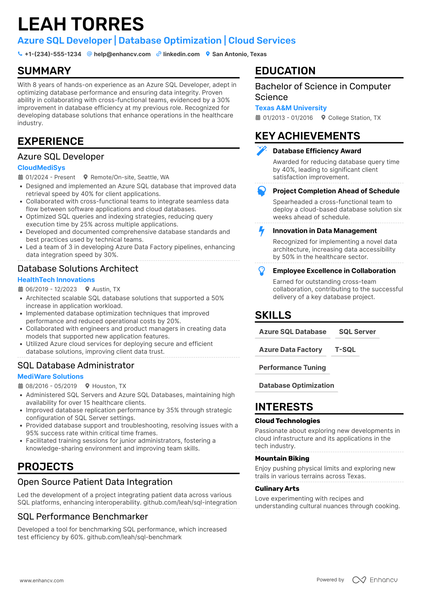A resume example of a Azure SQL developer