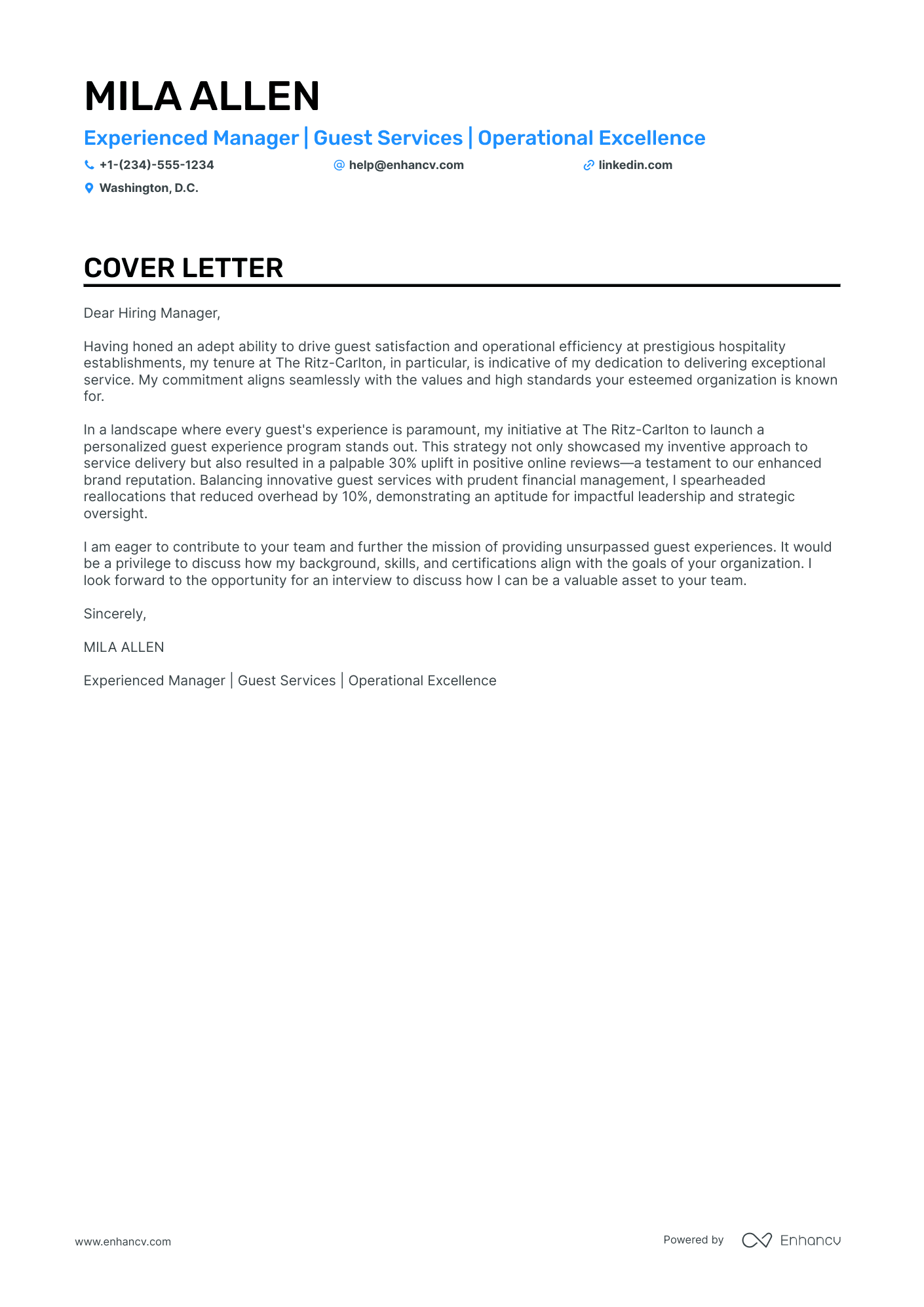 hotel manager cover letter