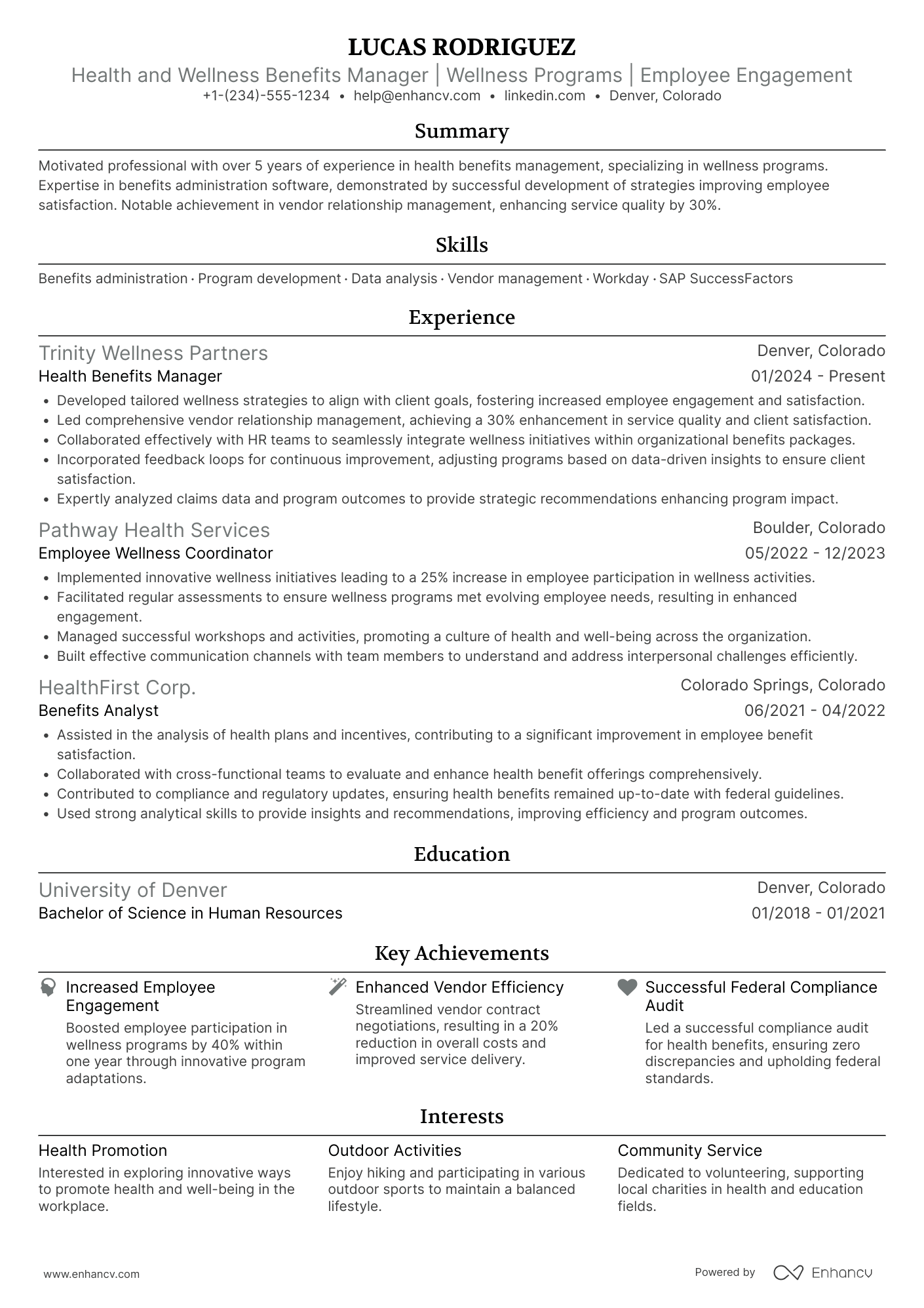 A resume example of a Health and Wellness Benefits Manager