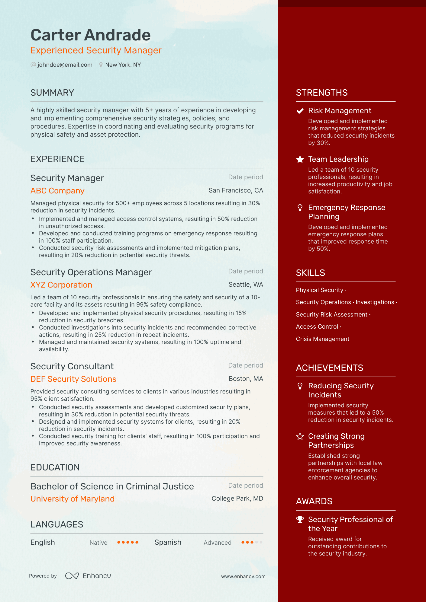 One Page Security Manager Resume Template